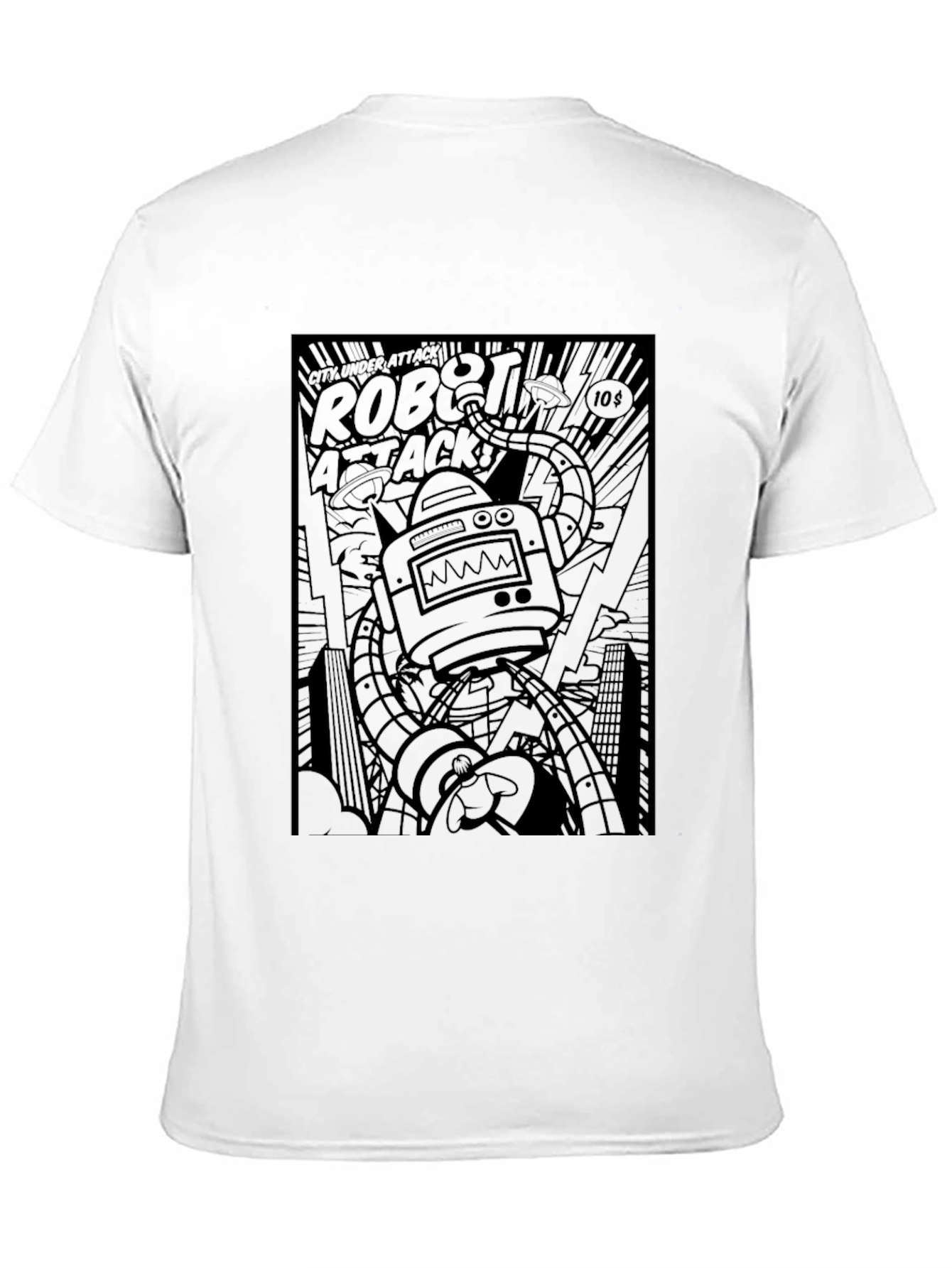 Robot Attack Graphic Tee - Black Comic Book Style