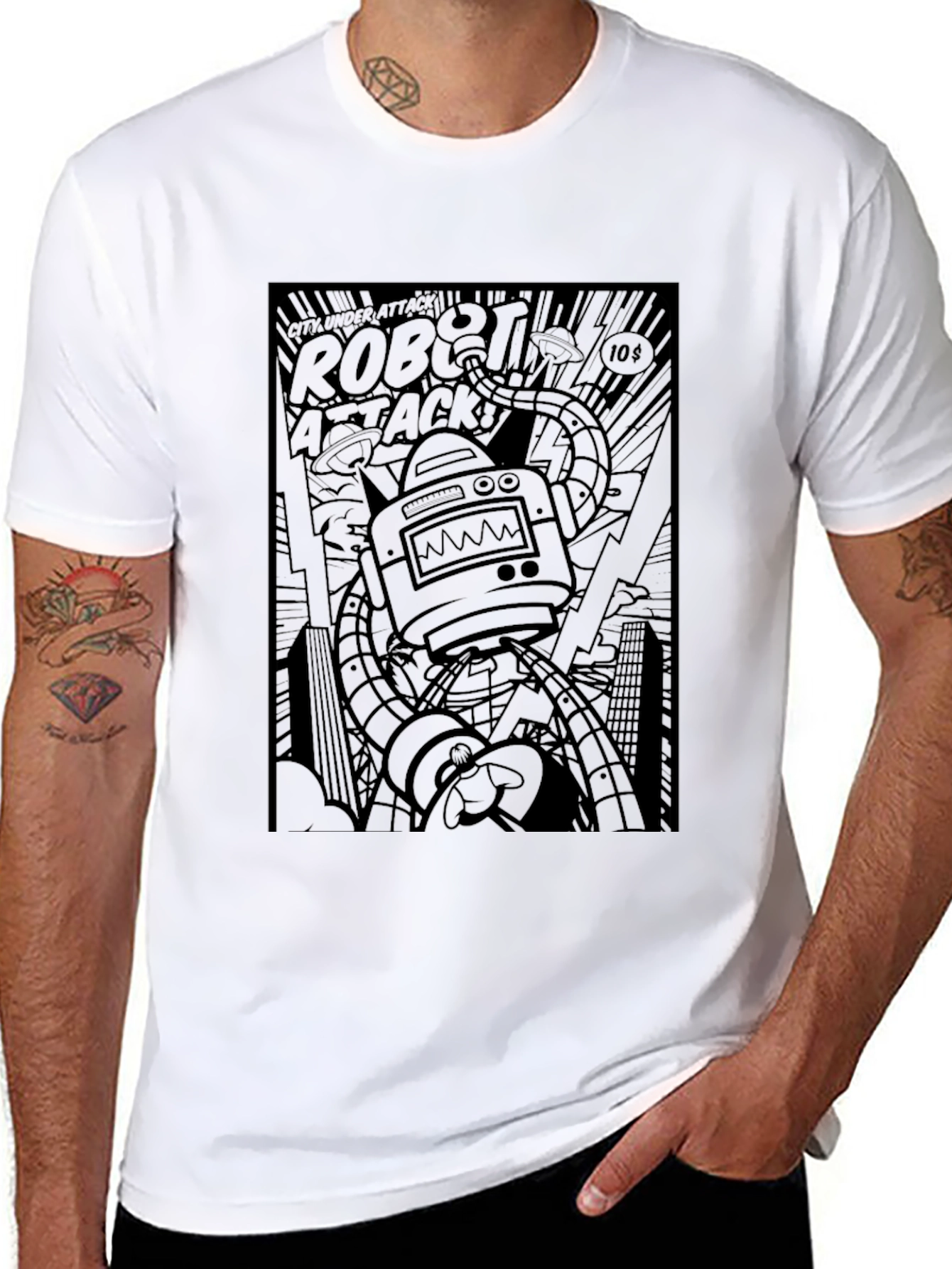 Robot Attack Graphic Tee - Black Comic Book Style