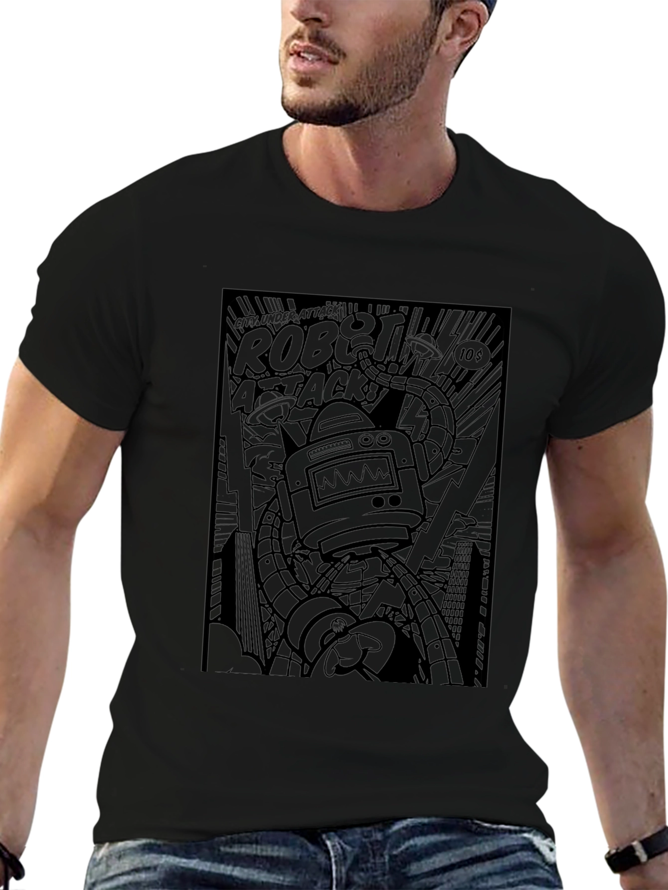 Robot Attack Graphic Tee - Black Comic Book Style