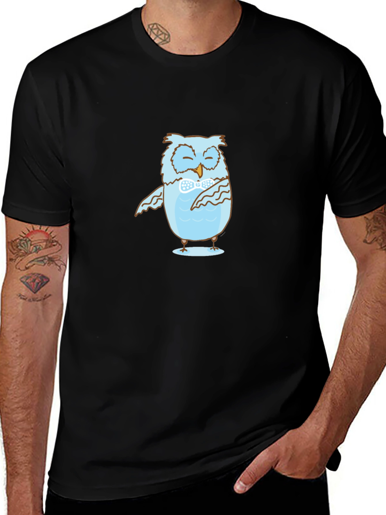 Mens Black T-Shirt with Blue Owl Design