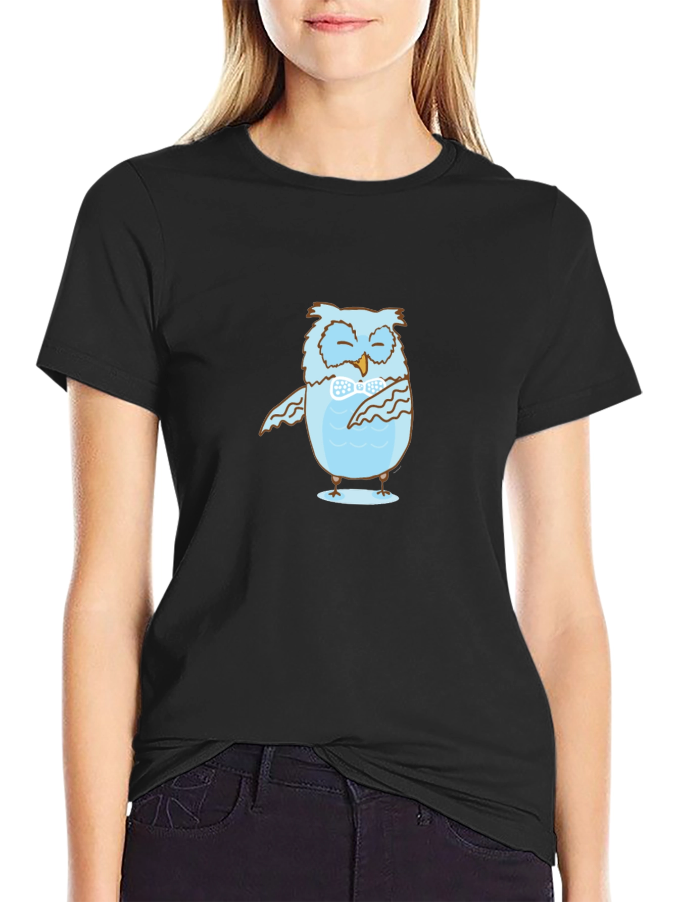 Mens Black T-Shirt with Blue Owl Design