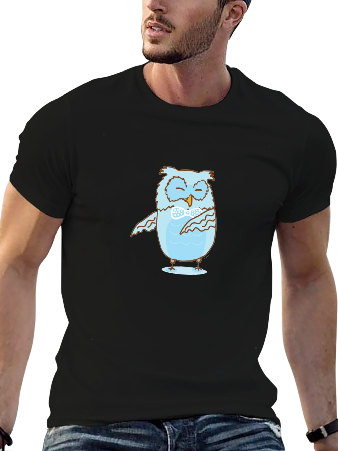 Mens Black T-Shirt with Blue Owl Design