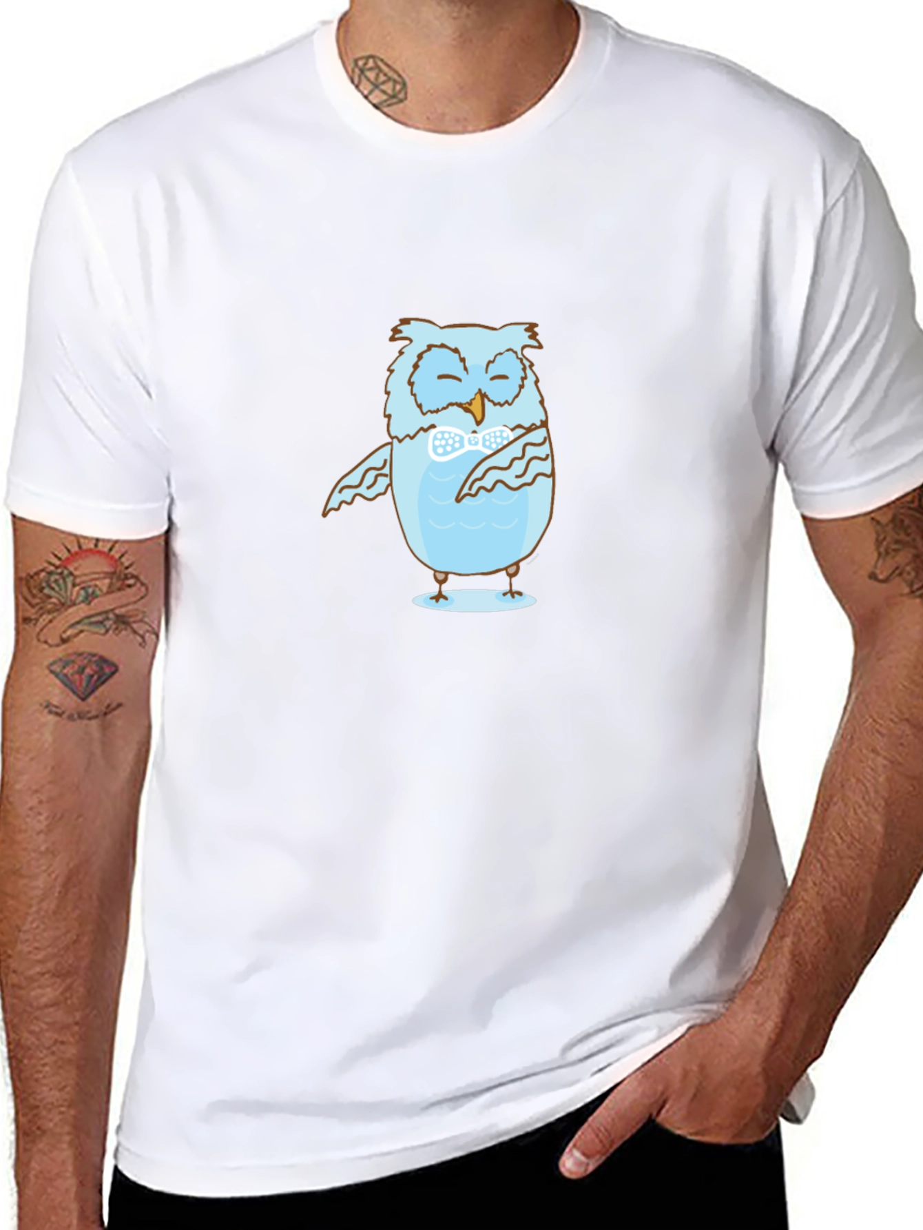 Mens Black T-Shirt with Blue Owl Design