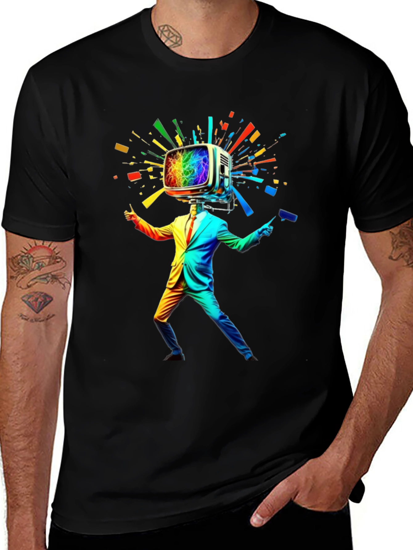 Rainbow TV Head Man Black T-Shirt
