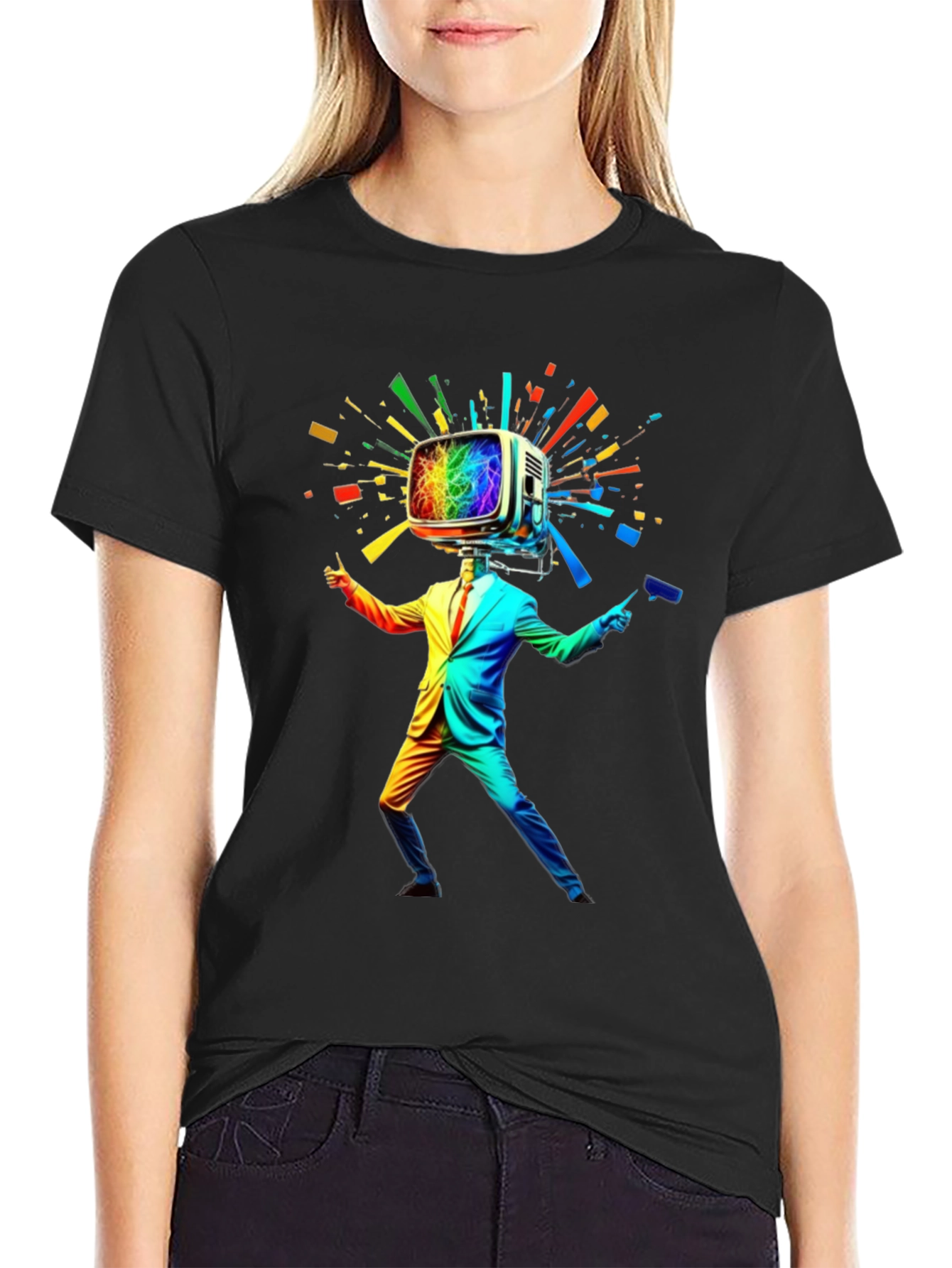 Rainbow TV Head Man Black T-Shirt