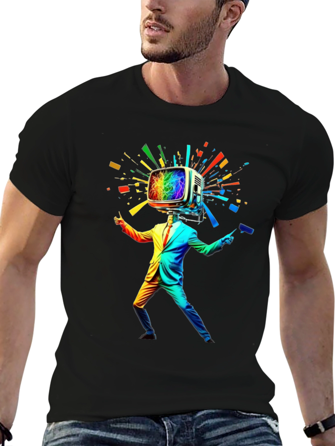 Rainbow TV Head Man Black T-Shirt