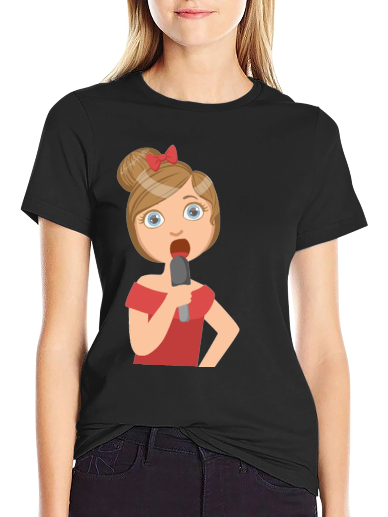 Singing Girl Graphic Tee - Black Cotton Blend