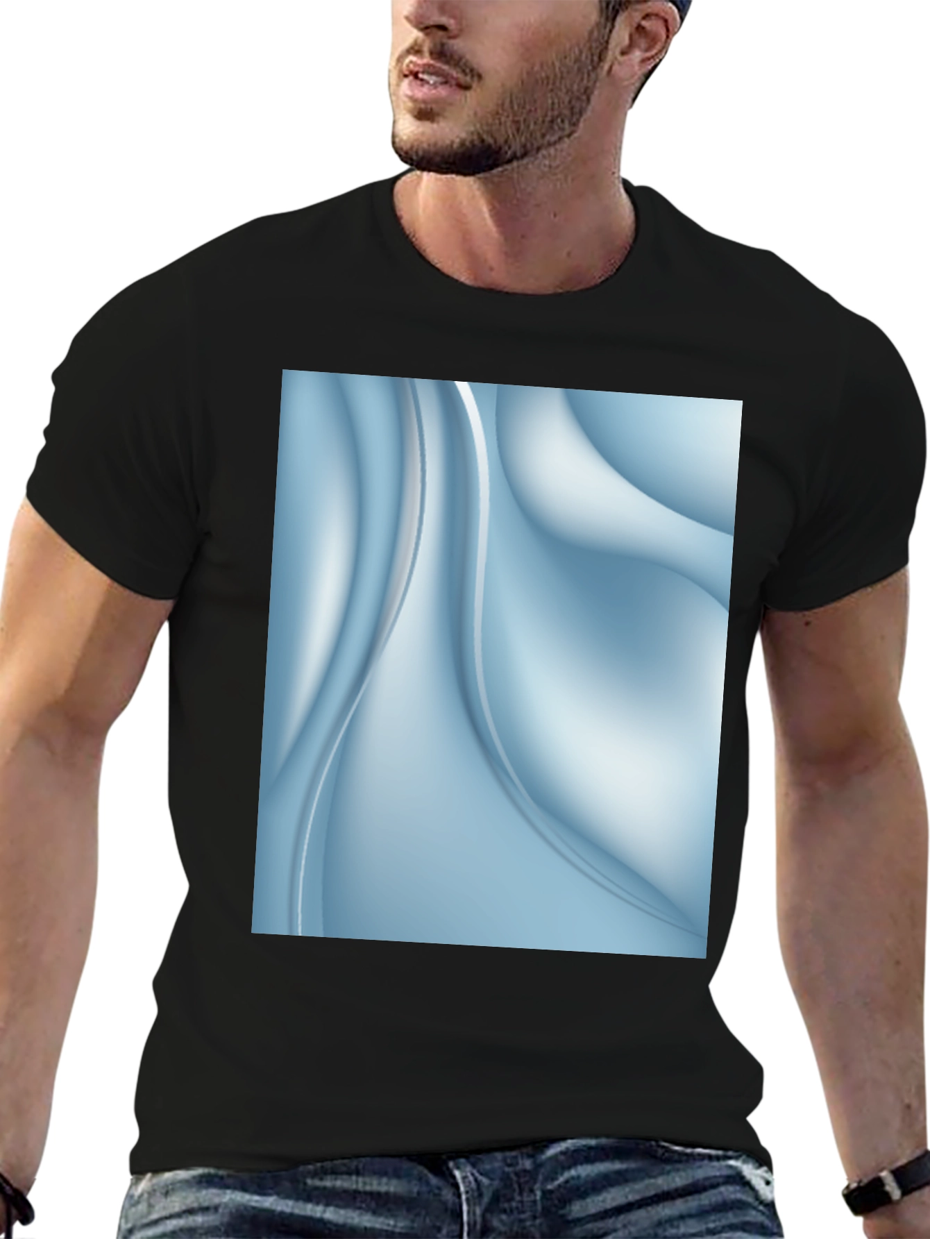Abstract Blue Swirl Graphic Black T-Shirt