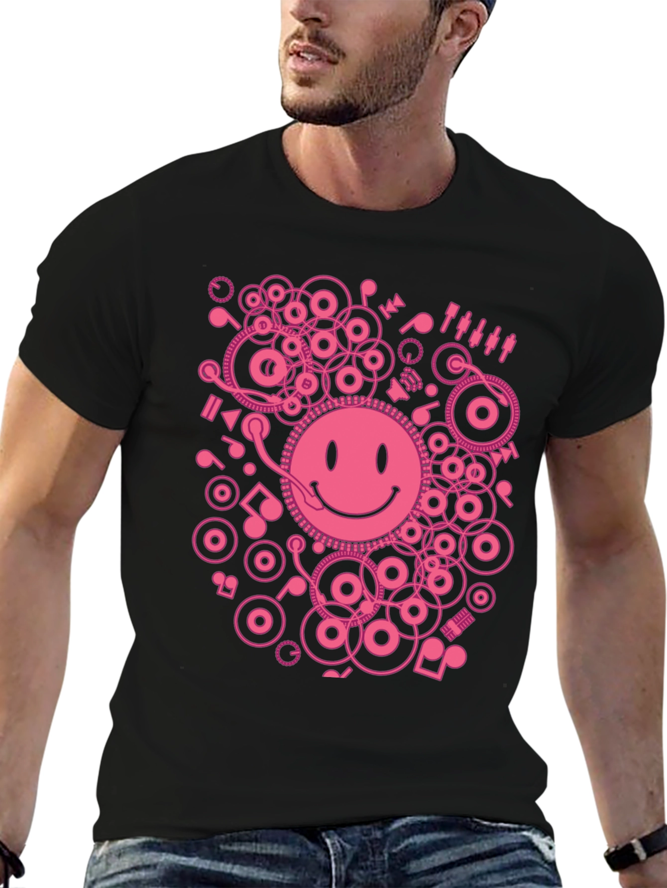 Smiley Face DJ Graphic Tee - Black Cotton Blend