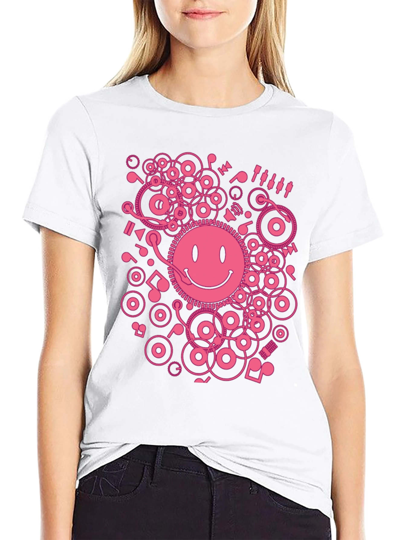 Smiley Face DJ Graphic Tee - Black Cotton Blend