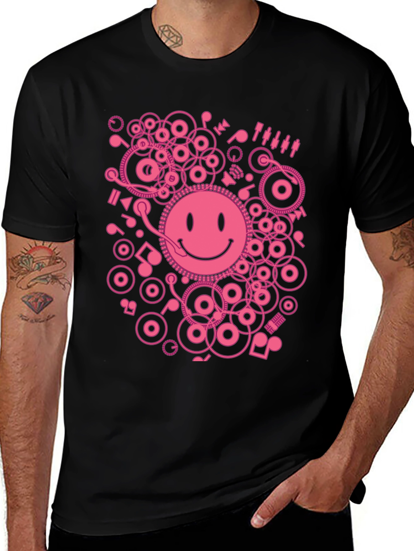 Smiley Face DJ Graphic Tee - Black Cotton Blend