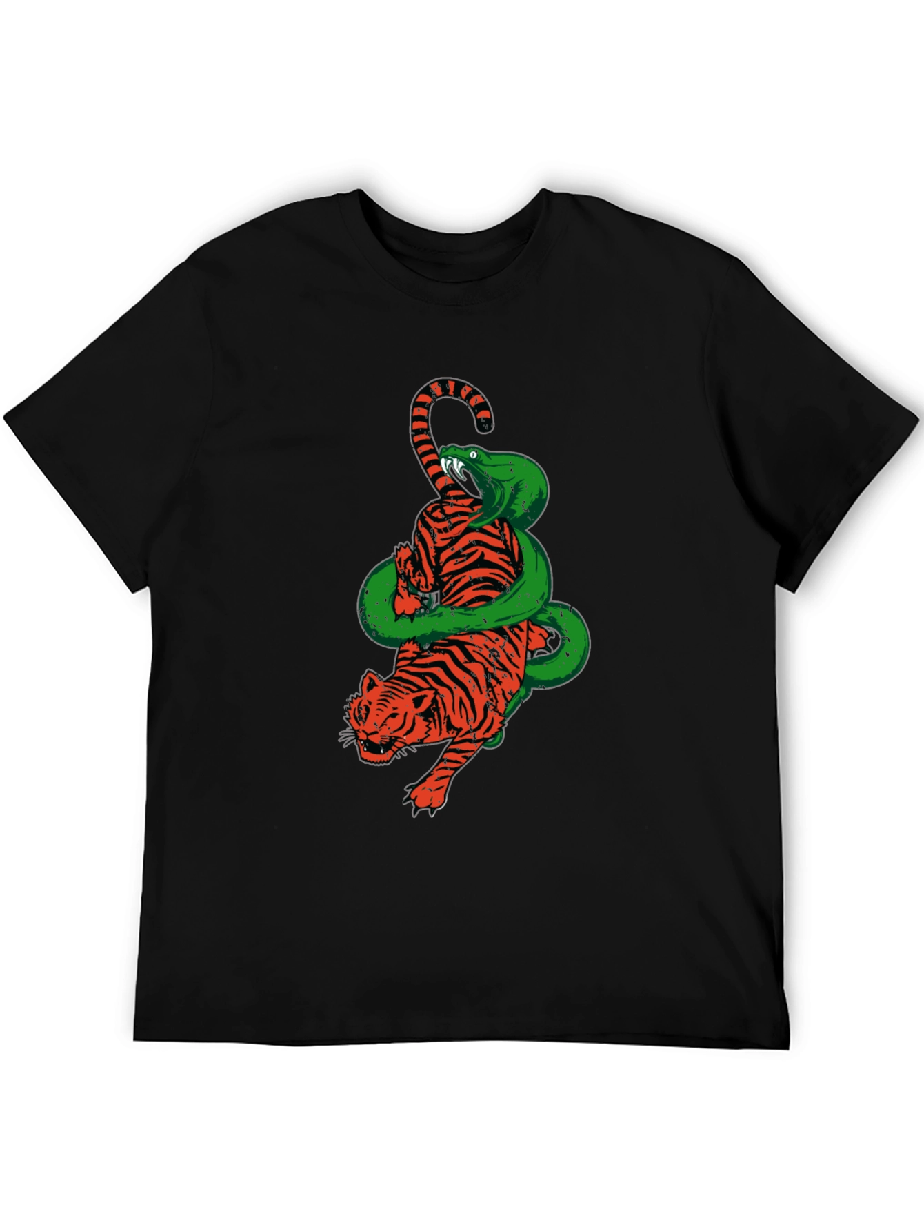 Tiger and Snake Graphic Print Black T-Shirt
