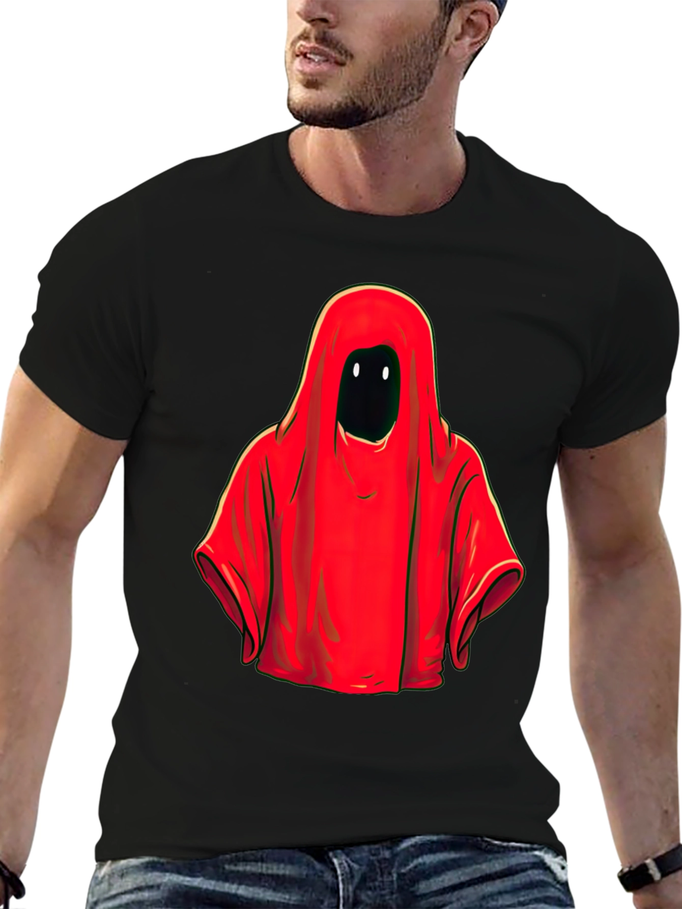 Red Hooded Figure Graphic Tee - Unisex Black T-Shirt
