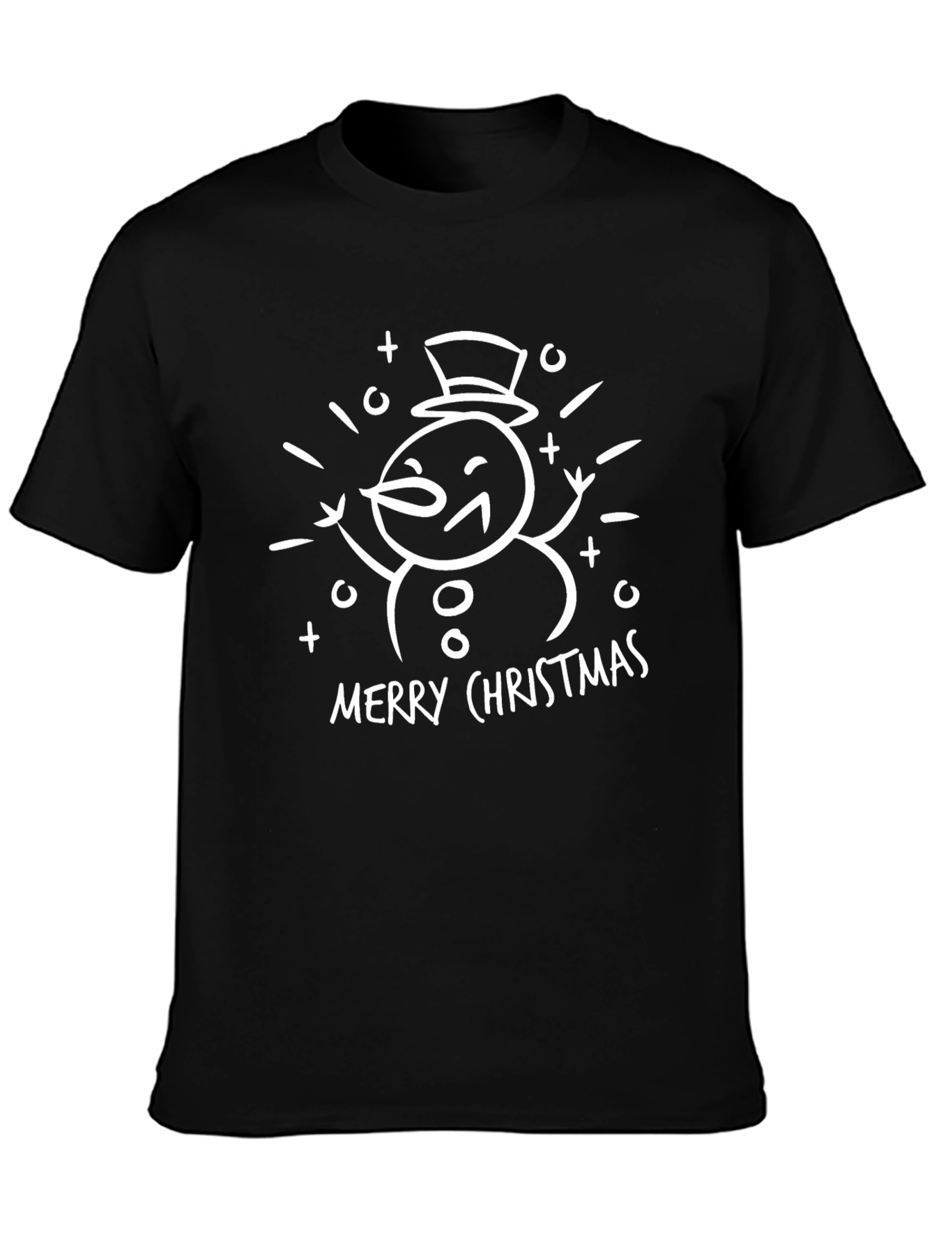 Merry Christmas Snowman Graphic Tee - Black Cotton T-Shirt