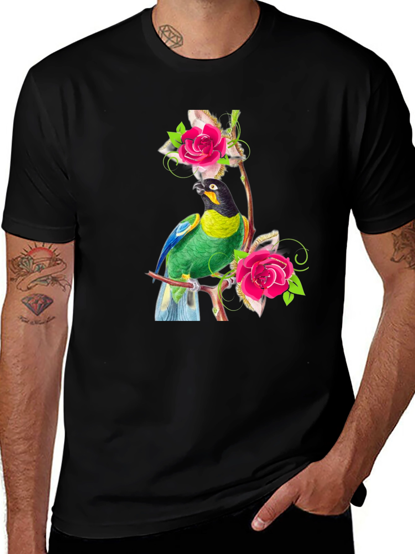 Parrot & Rose Graphic Tee - Mens Black T-Shirt