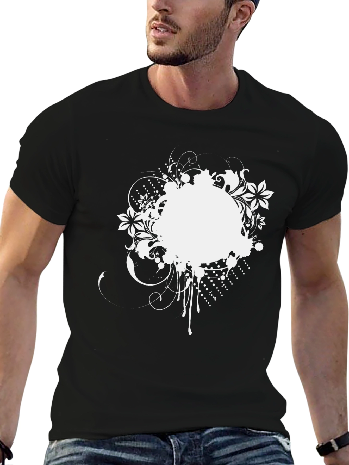 Black Tee with White Floral Splatter Design