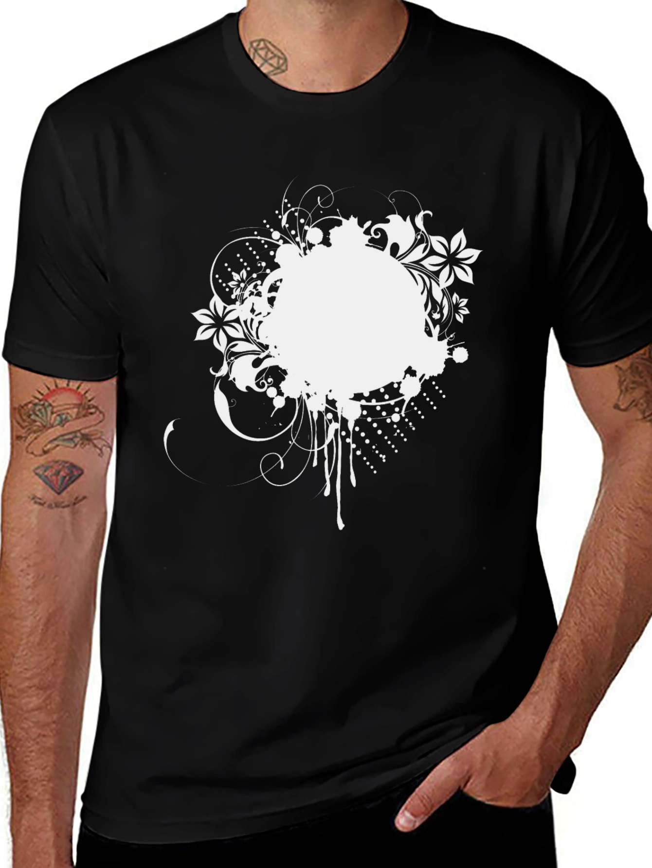 Black Tee with White Floral Splatter Design