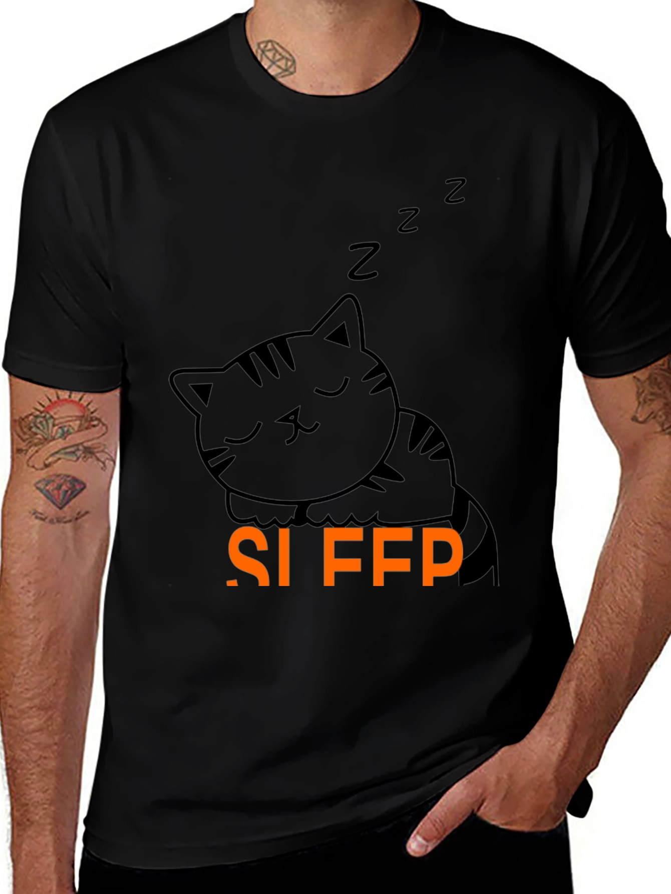 Cute Sleeping Cat Graphic Tee - Black