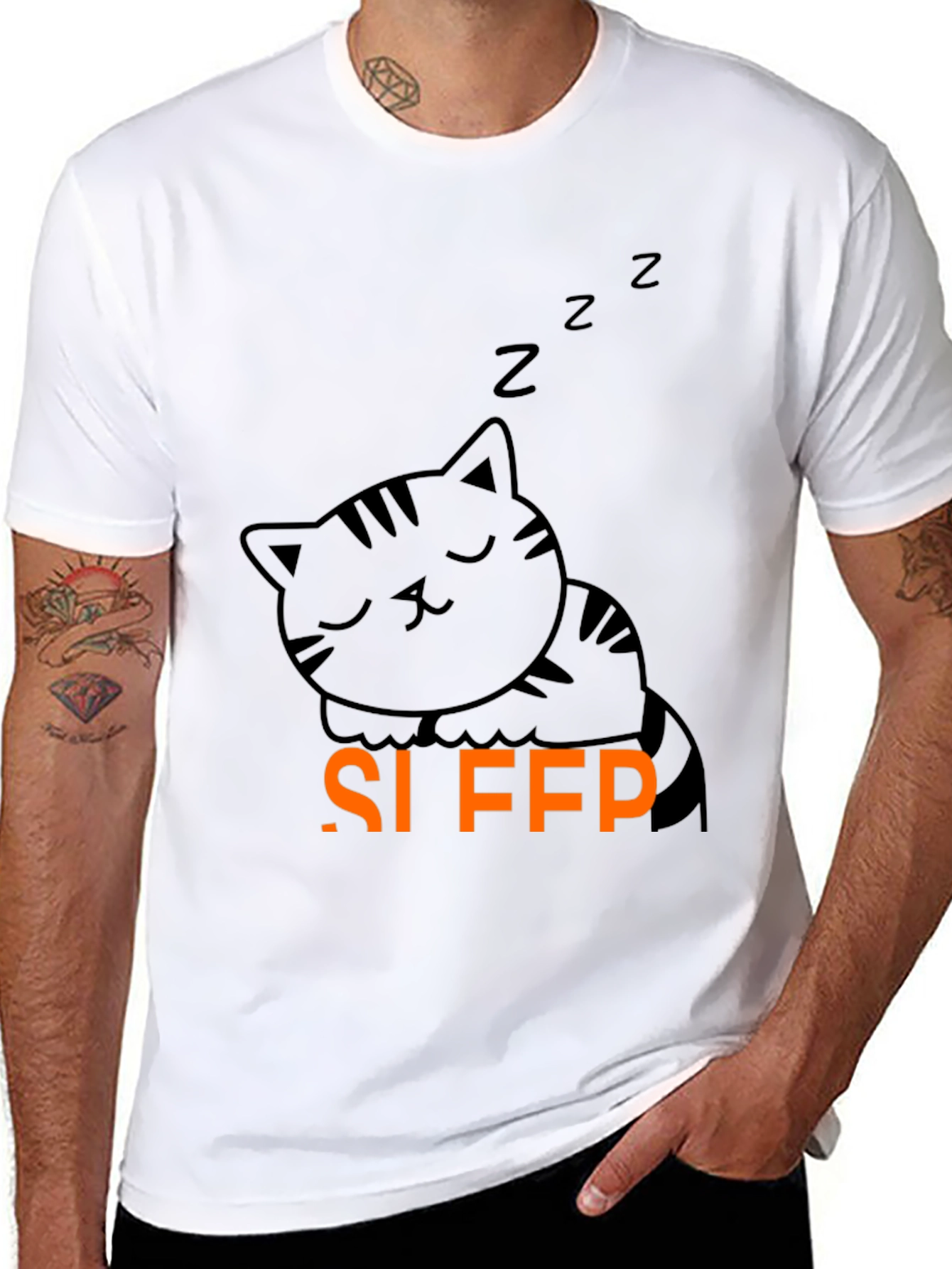 Cute Sleeping Cat Graphic Tee - Black