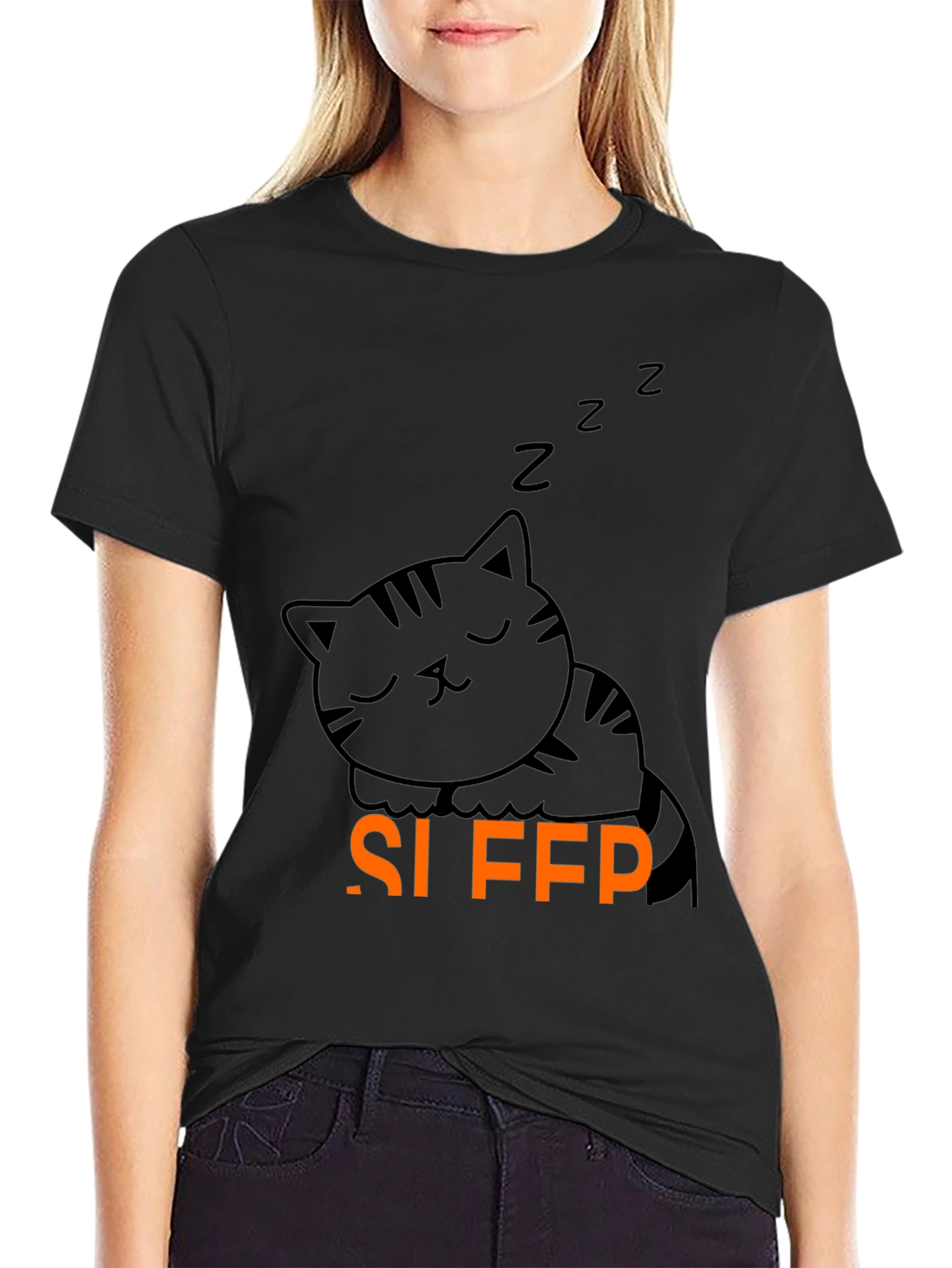 Cute Sleeping Cat Graphic Tee - Black