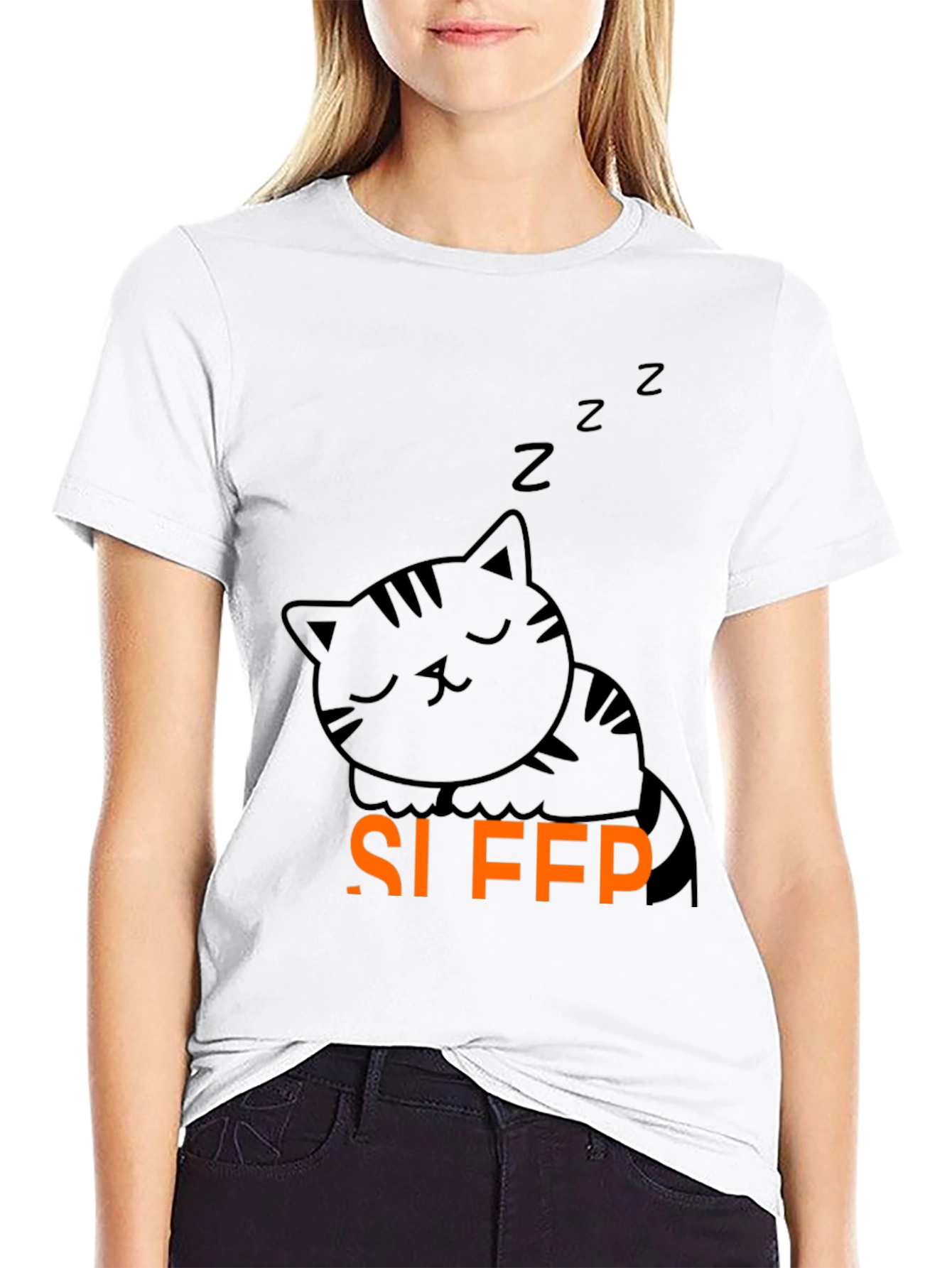 Cute Sleeping Cat Graphic Tee - Black