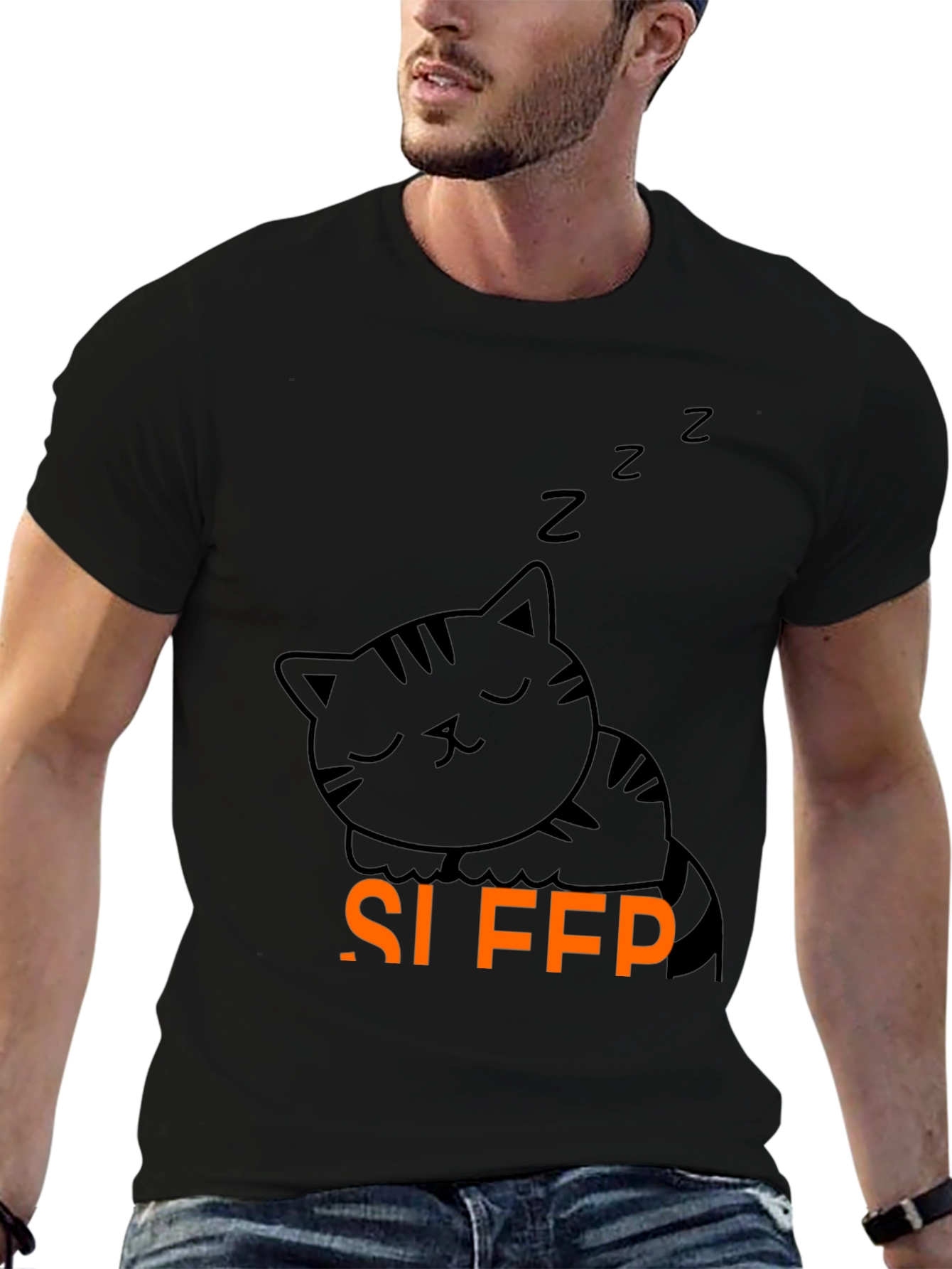 Cute Sleeping Cat Graphic Tee - Black