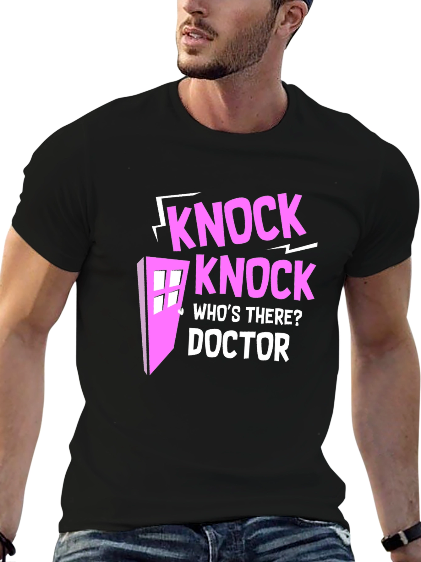 Knock Knock Doctor Who Pink Design Black T-Shirt