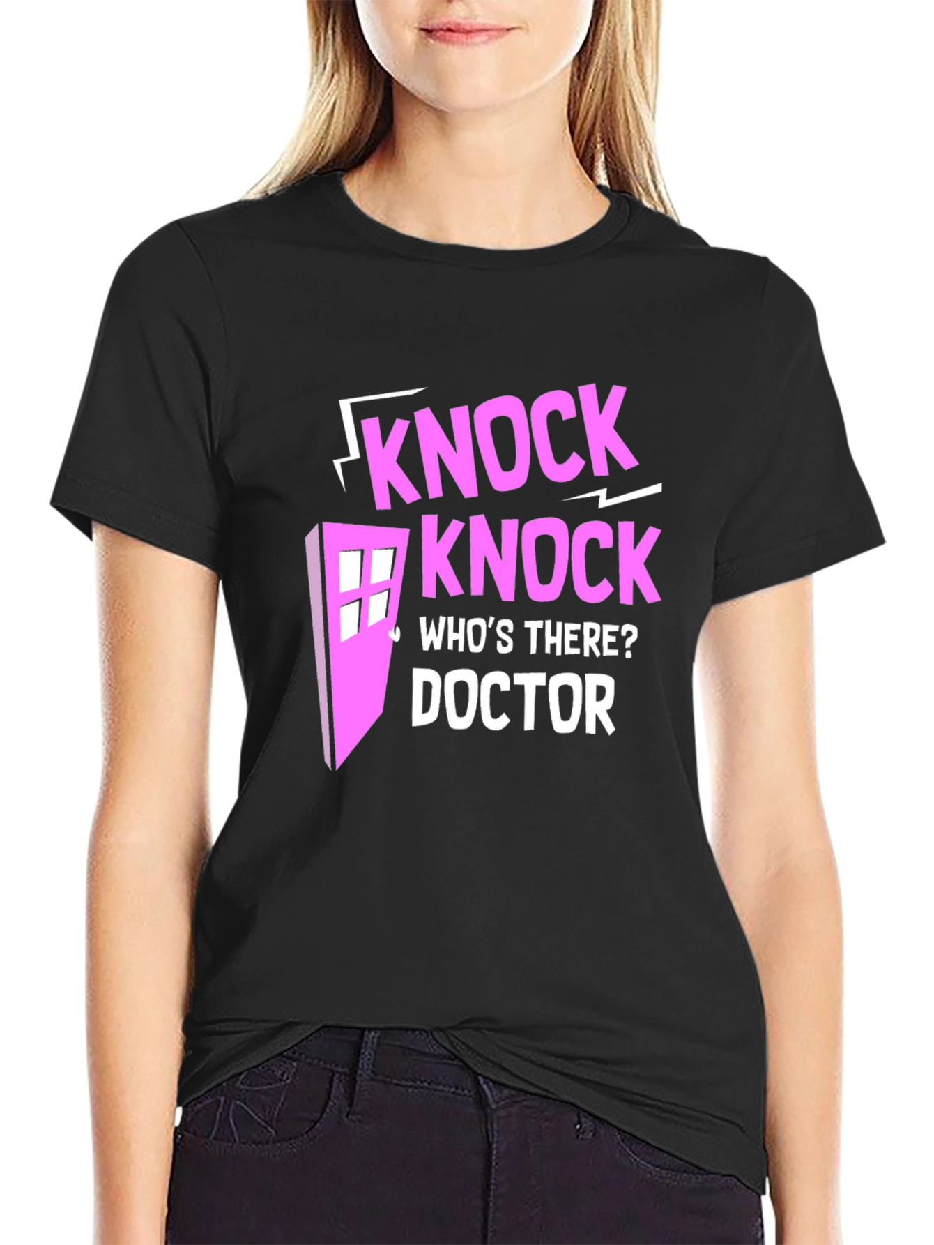 Knock Knock Doctor Who Pink Design Black T-Shirt
