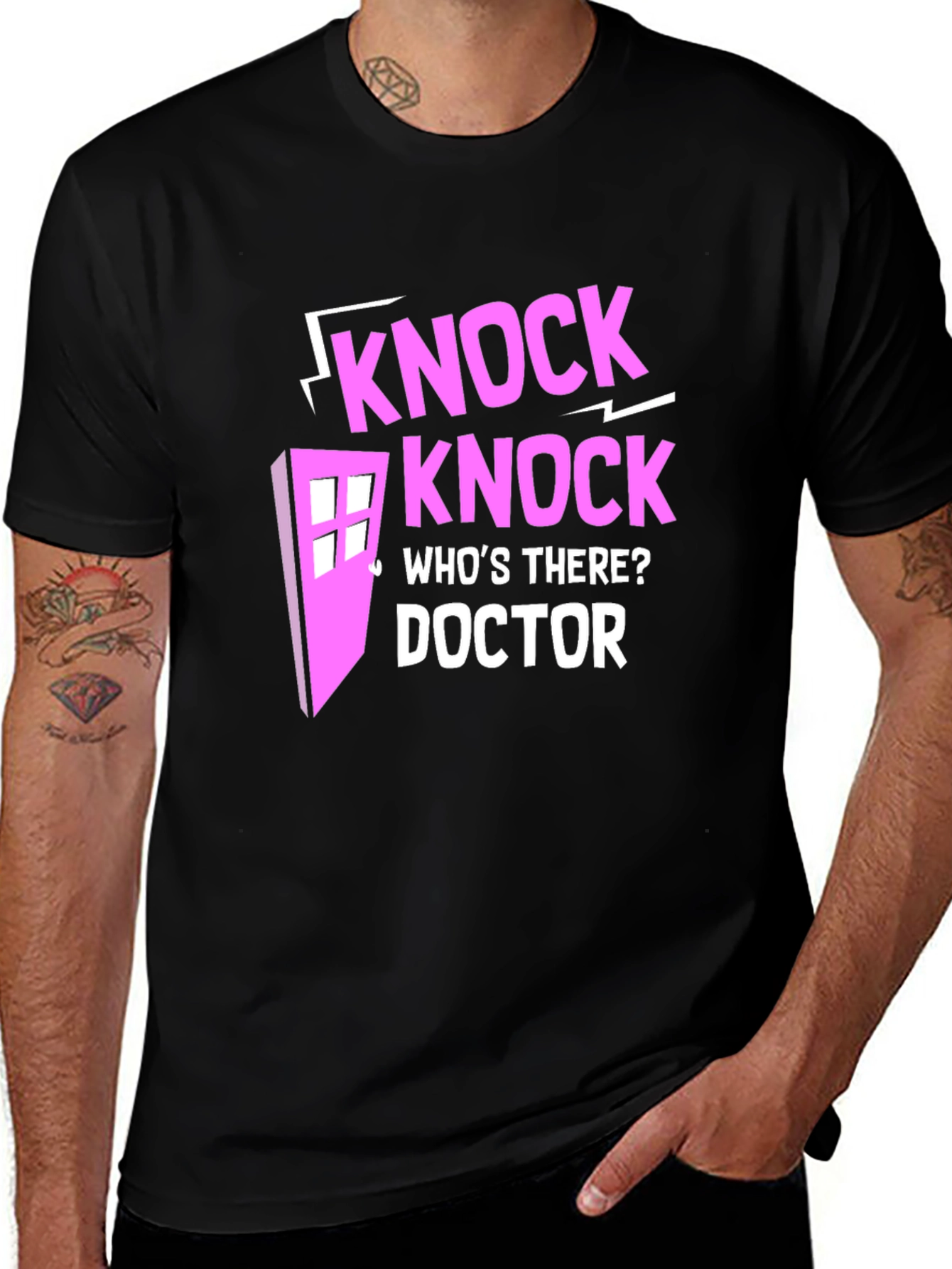 Knock Knock Doctor Who Pink Design Black T-Shirt