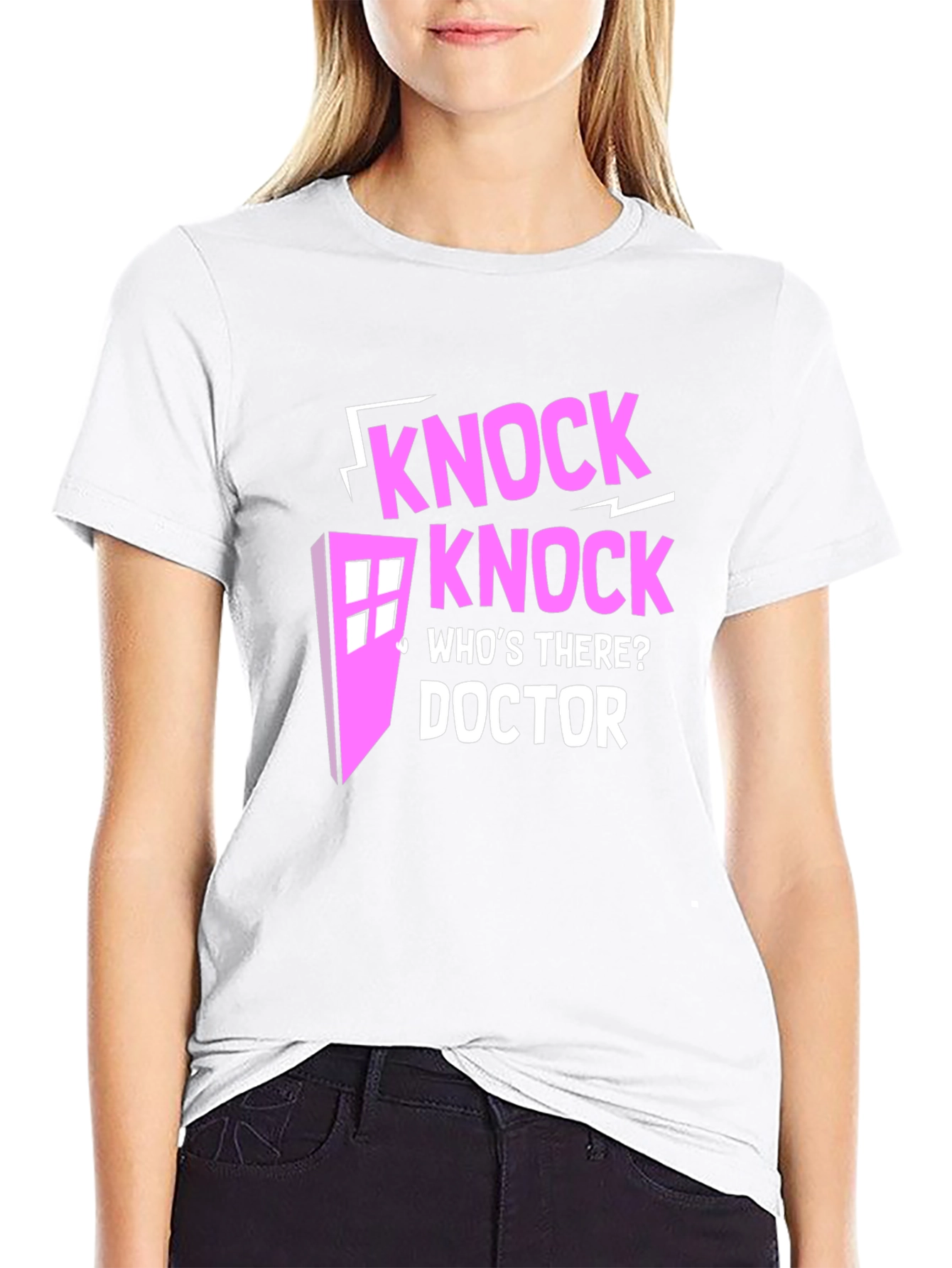 Knock Knock Doctor Who Pink Design Black T-Shirt