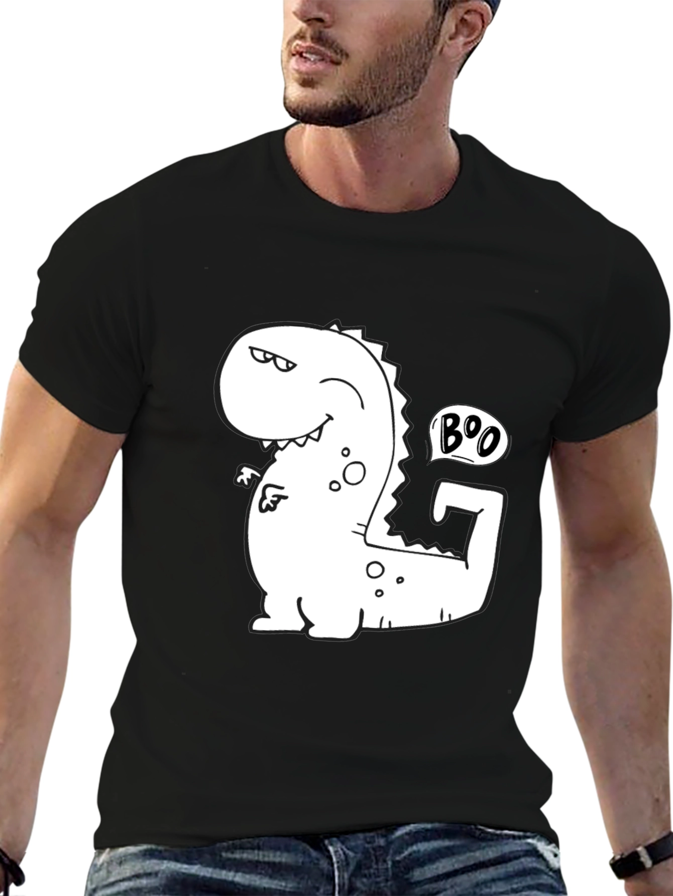 Funny Boo Dinosaur Graphic Black T-Shirt