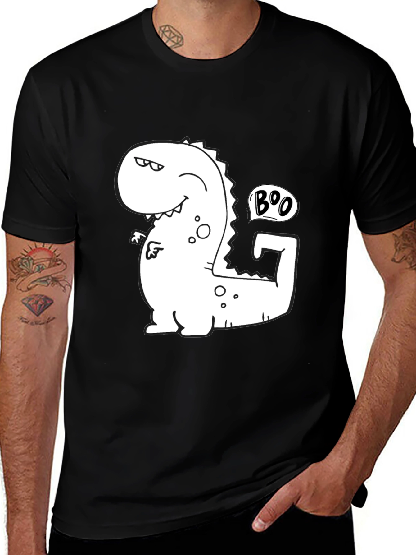 Funny Boo Dinosaur Graphic Black T-Shirt