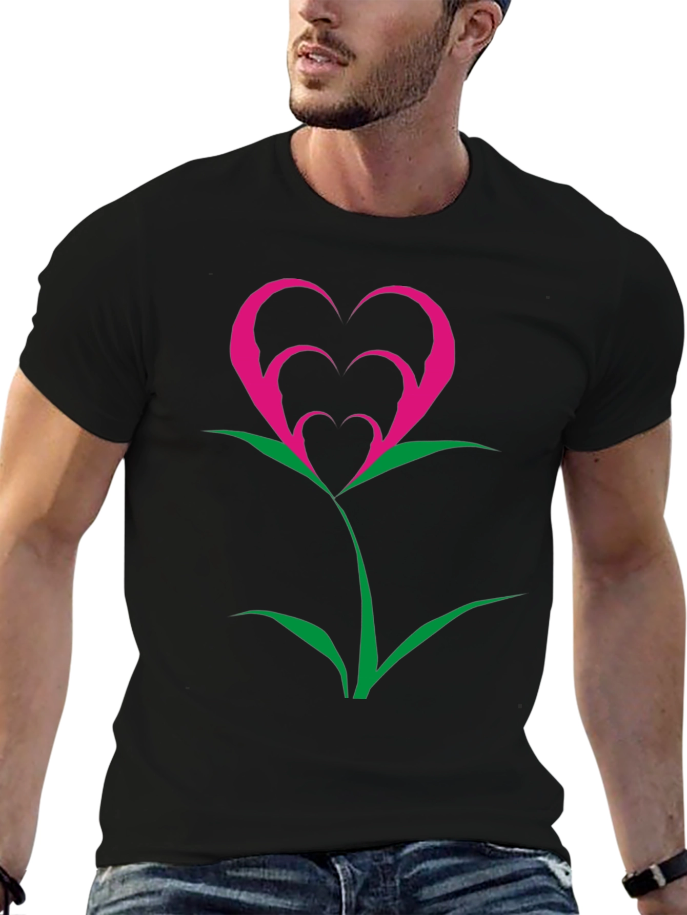 Heart Flower Graphic Tee - Black Cotton Blend