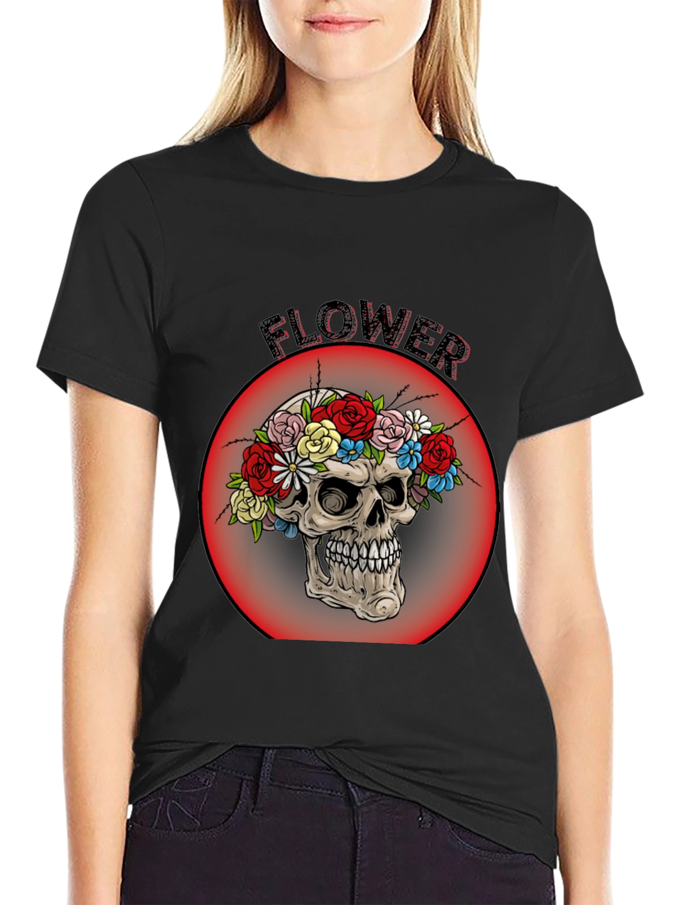 Floral Skull Graphic Tee - Mens Black T-Shirt
