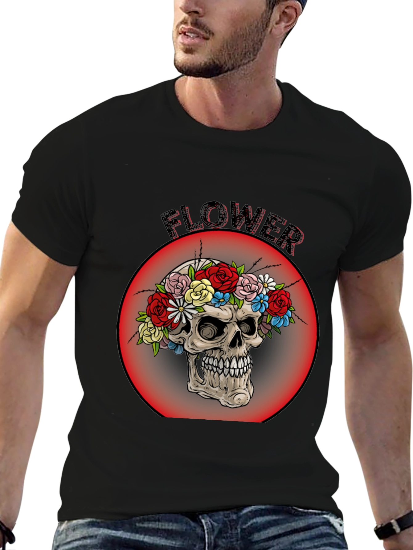 Floral Skull Graphic Tee - Mens Black T-Shirt