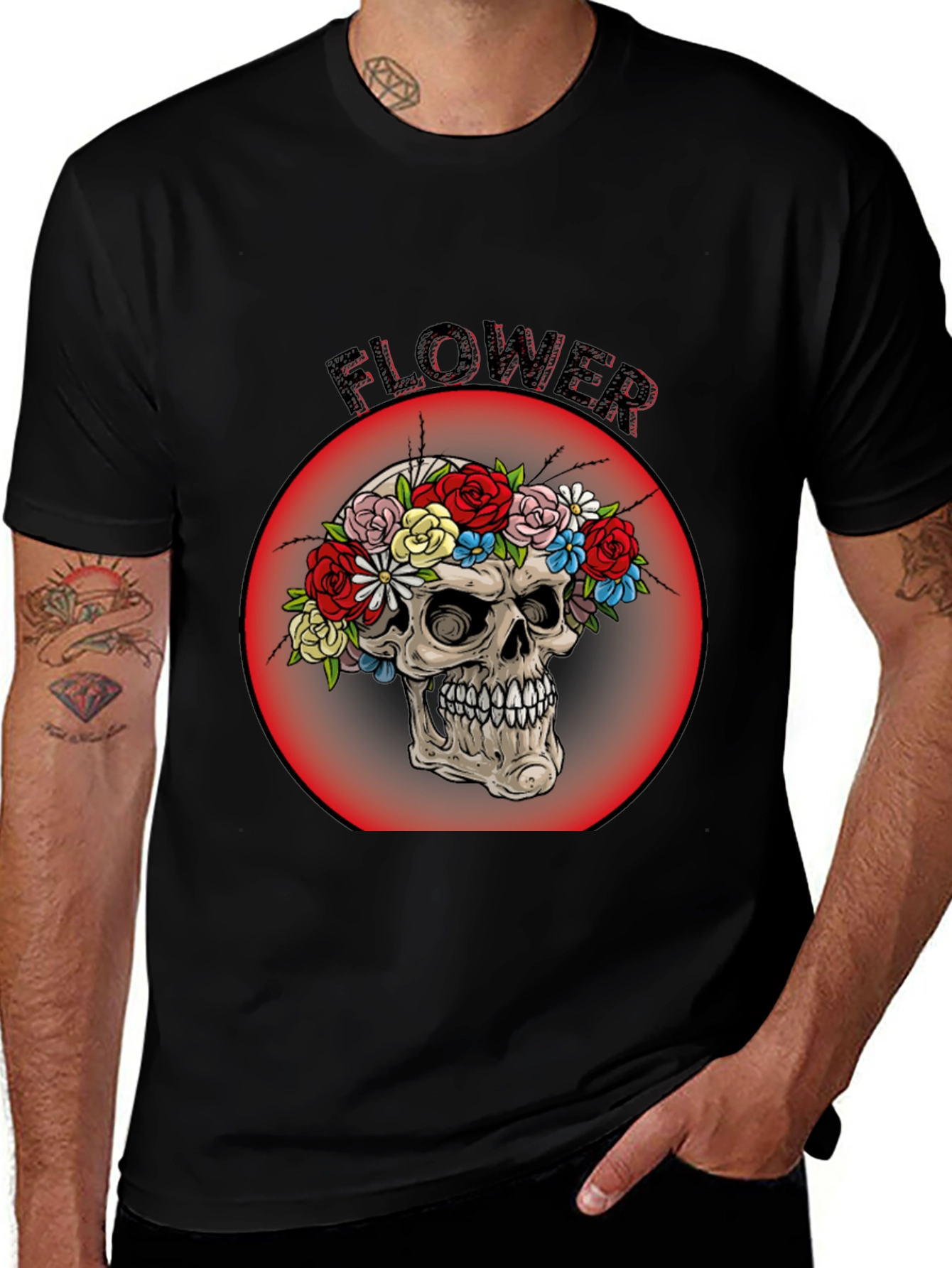 Floral Skull Graphic Tee - Mens Black T-Shirt