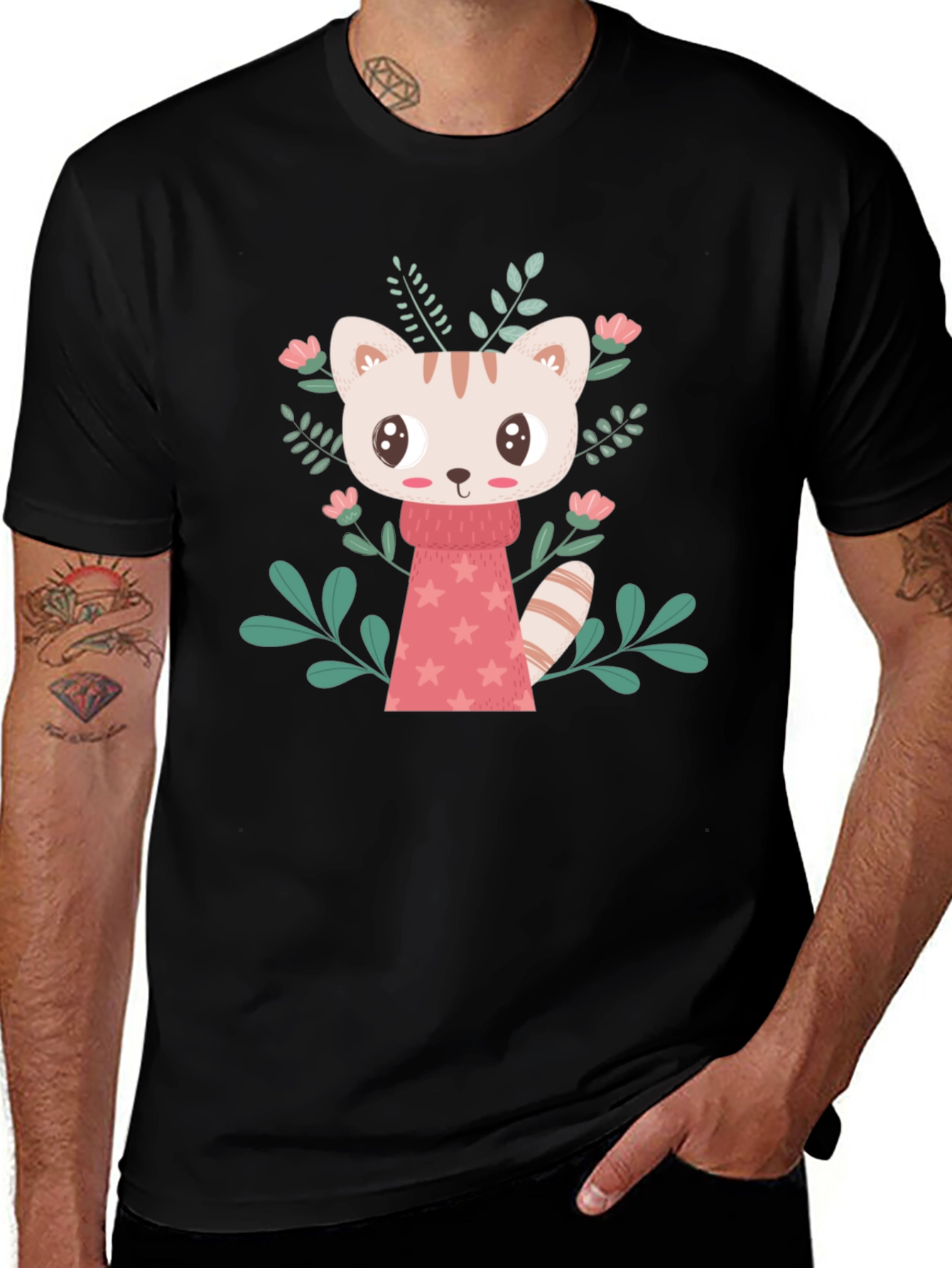 Cute Cartoon Cat T-Shirt - Black