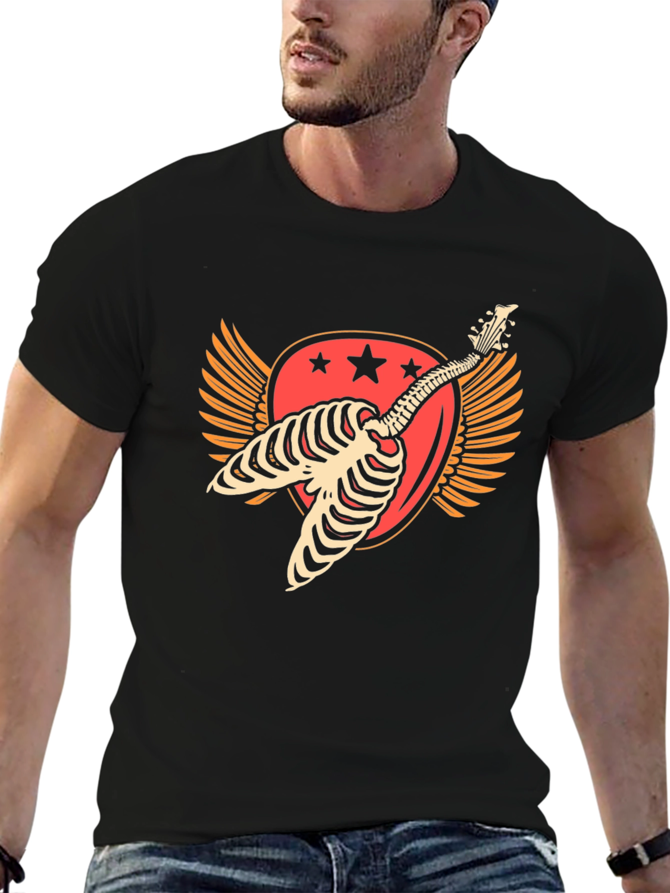 Skeleton Guitar Winged Graphic T-Shirt
