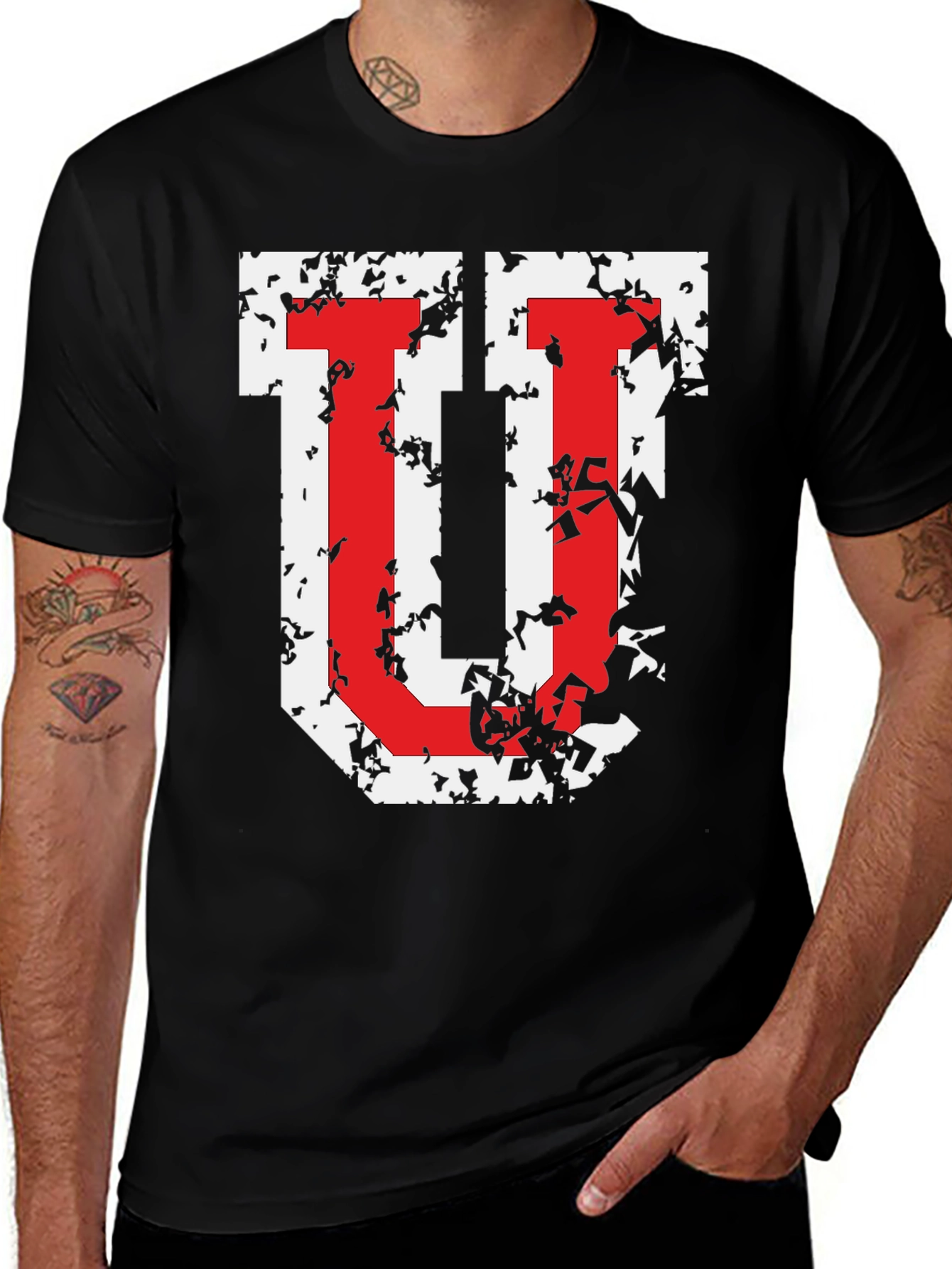 Distressed Red U Graphic Black T-Shirt