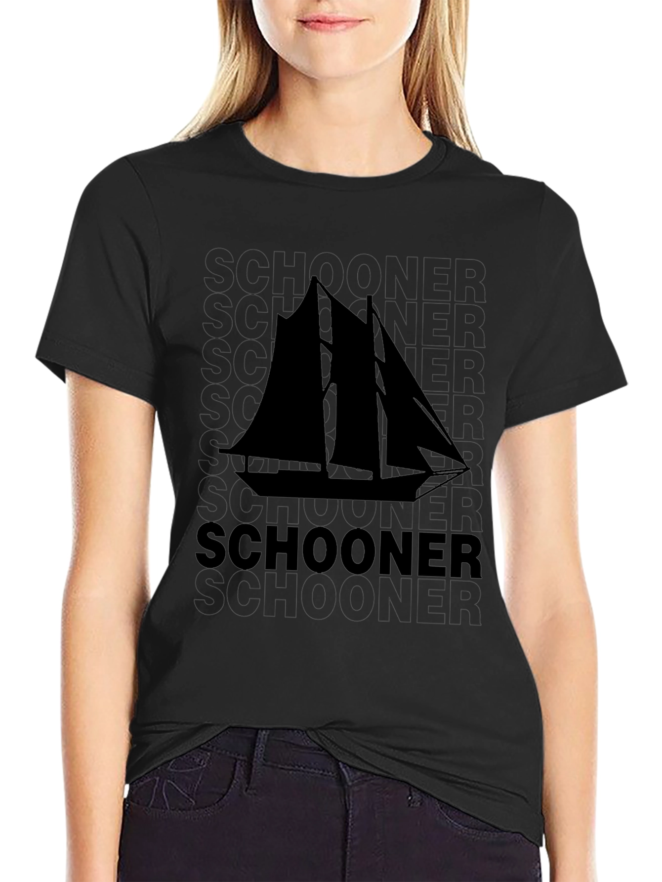 Schooner Sailboat Graphic Black T-Shirt