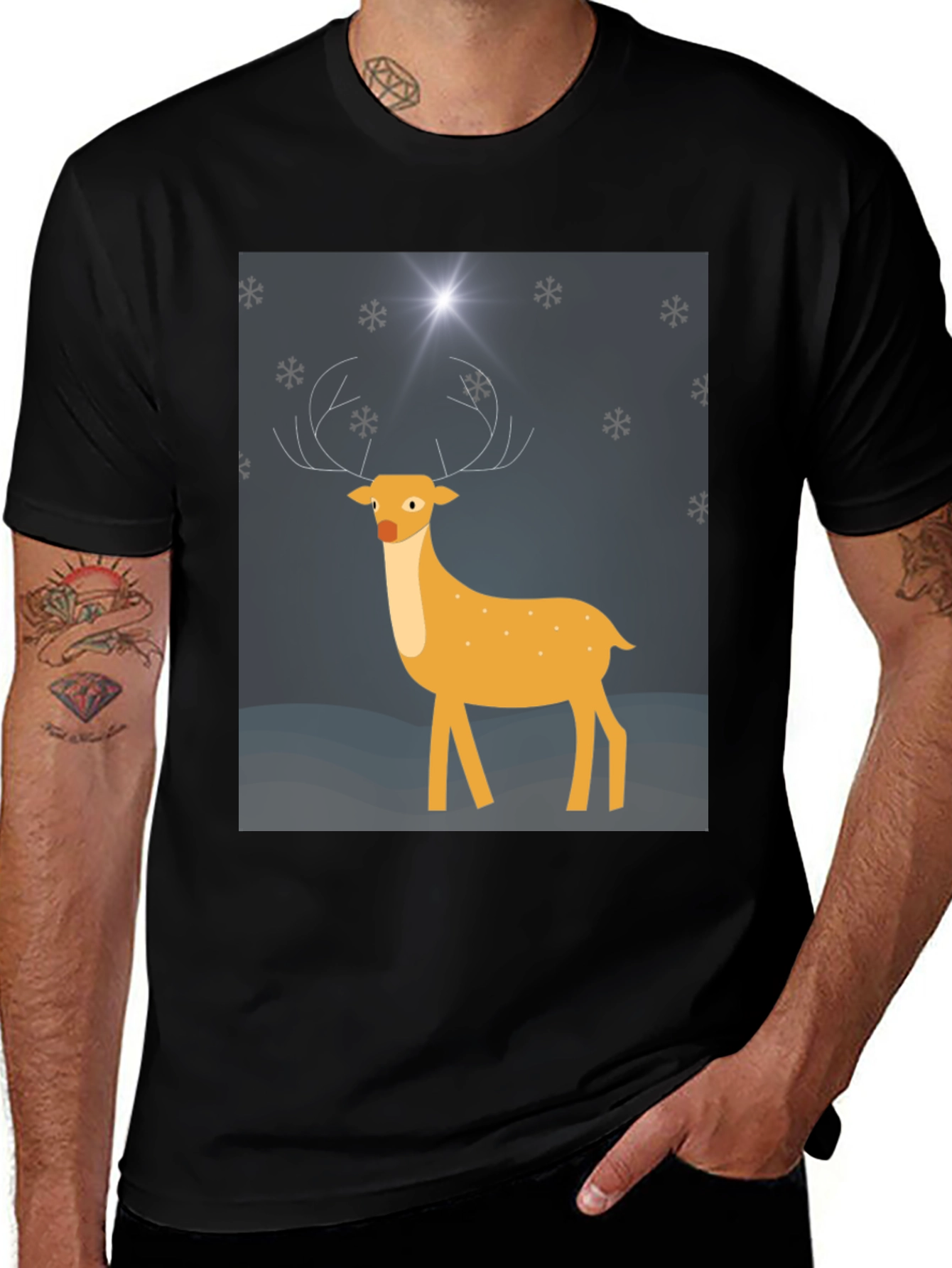 Festive Deer Graphic Tee - Black Holiday Shirt