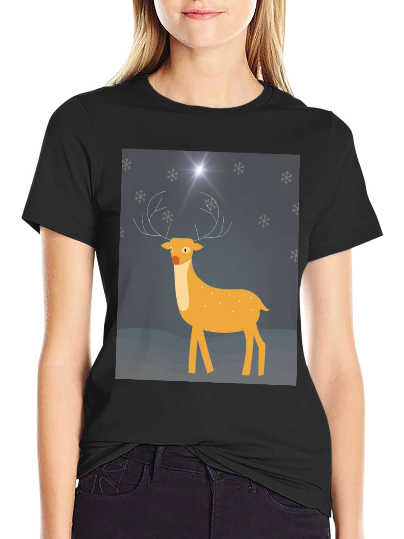 Festive Deer Graphic Tee - Black Holiday Shirt