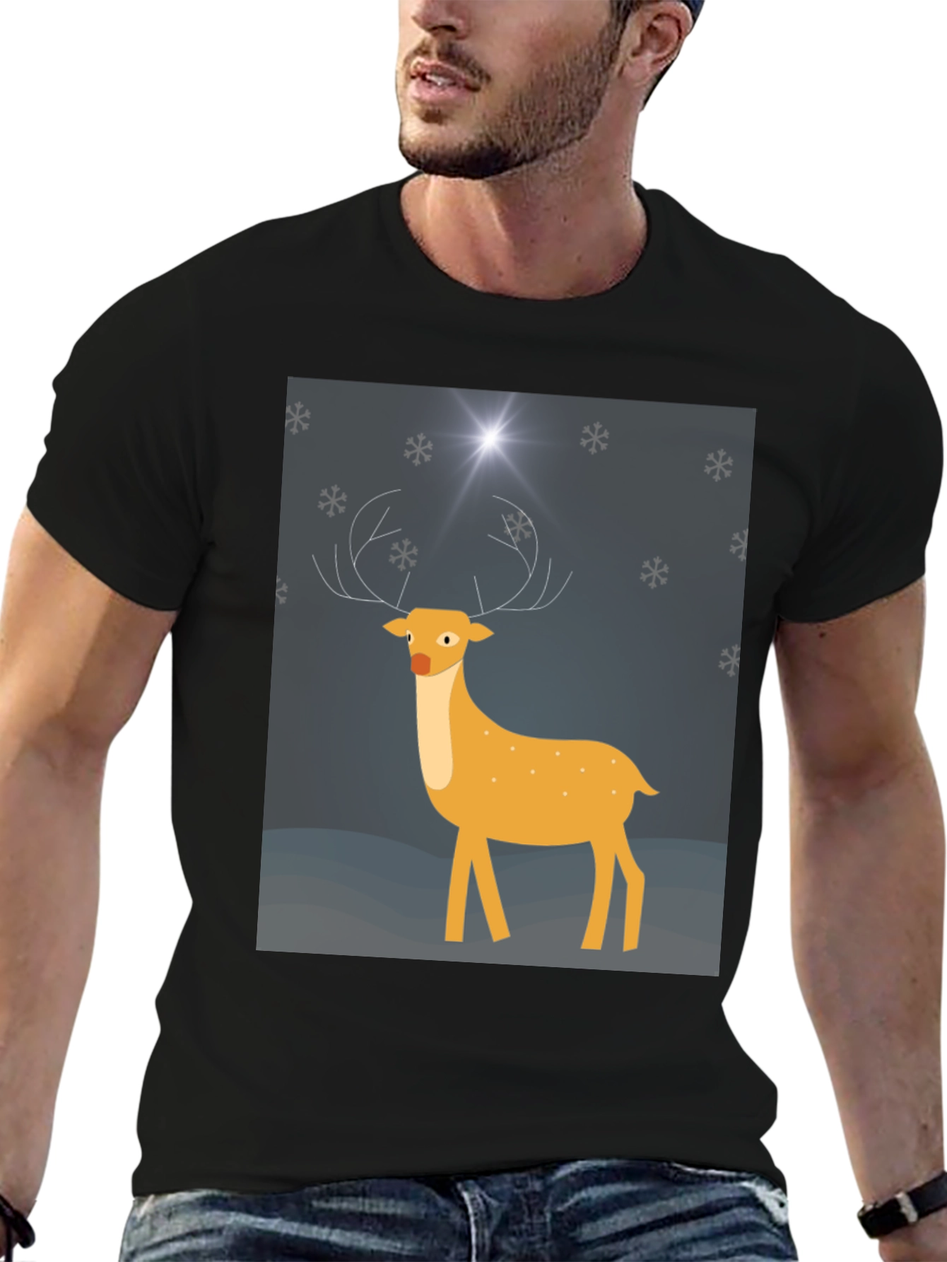 Festive Deer Graphic Tee - Black Holiday Shirt