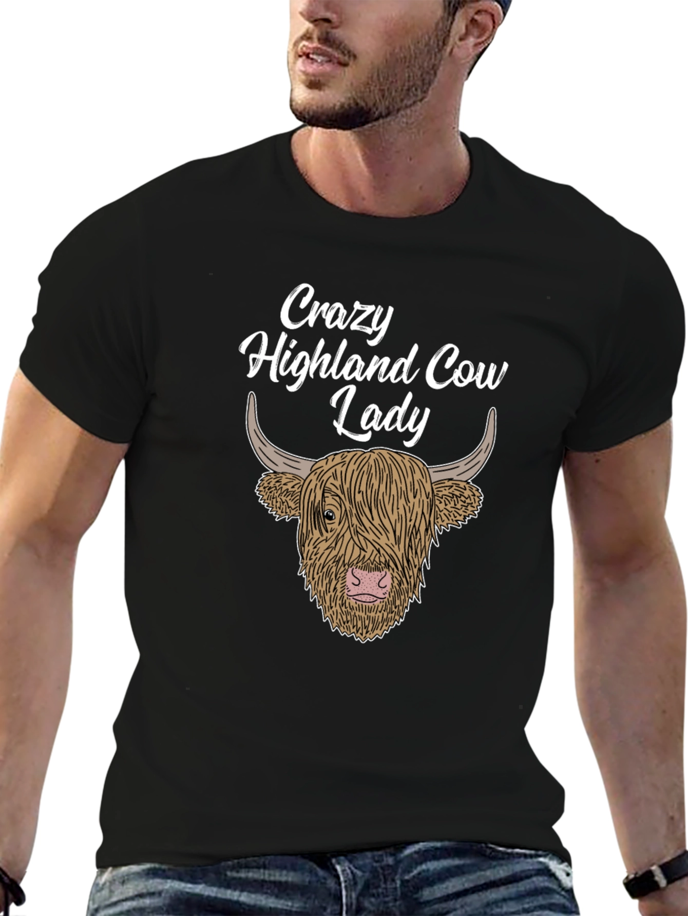 Crazy Highland Cow Lady T-Shirt - Black