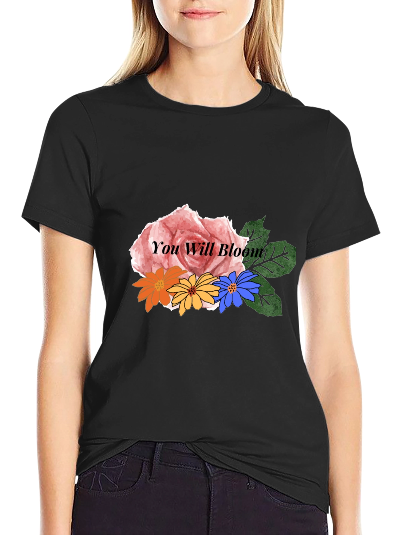 Floral You Will Bloom Graphic Black T-Shirt