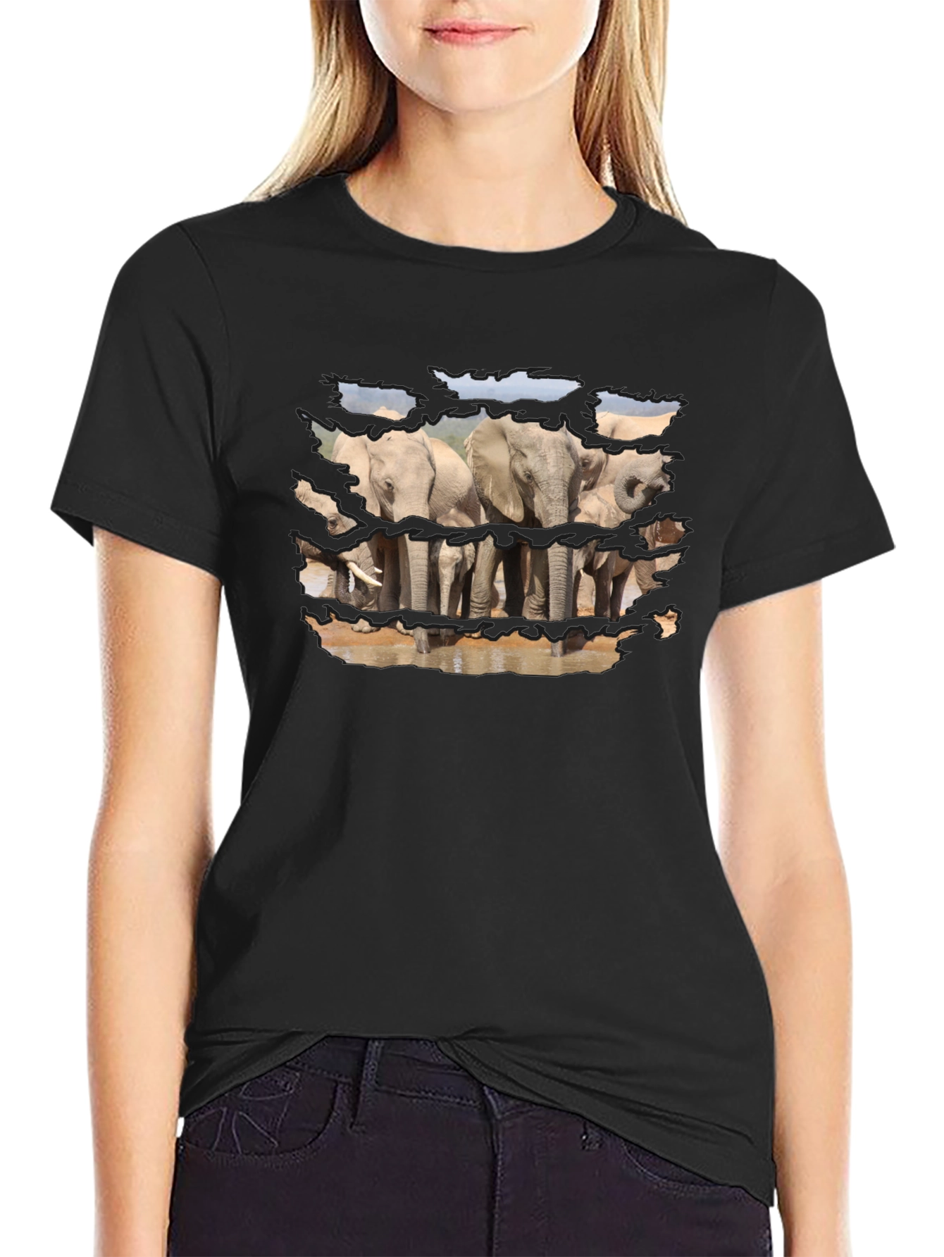 Elephant Graphic Print Black T-Shirt