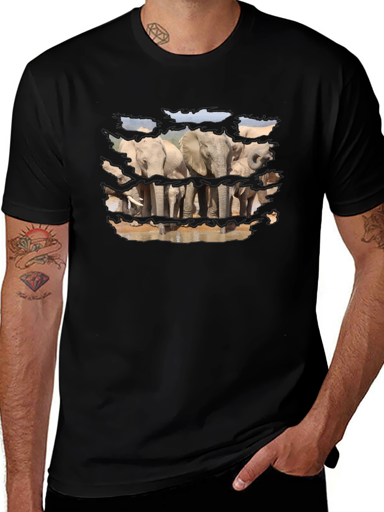Elephant Graphic Print Black T-Shirt