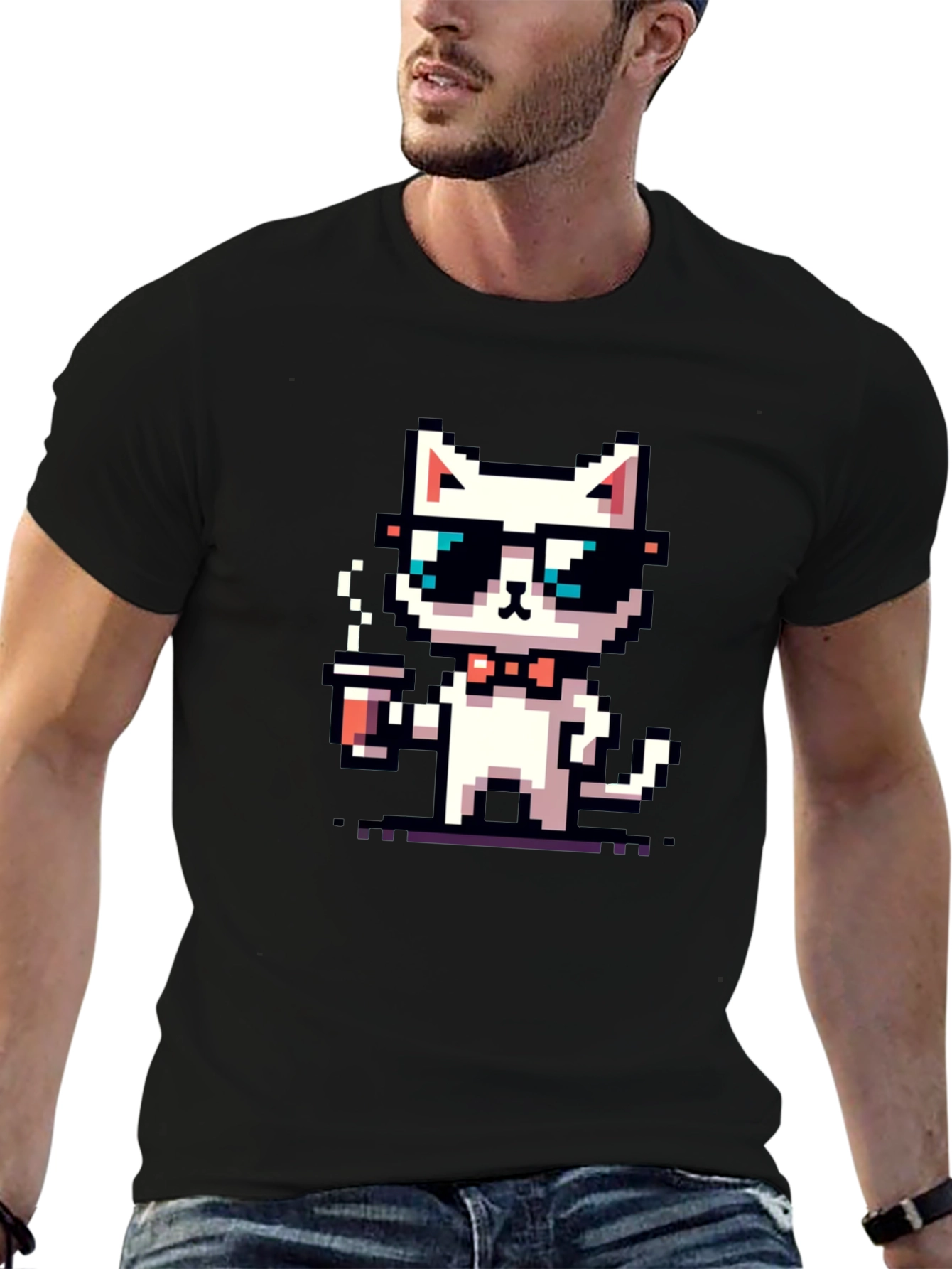 Cool Pixel Cat Coffee T-Shirt