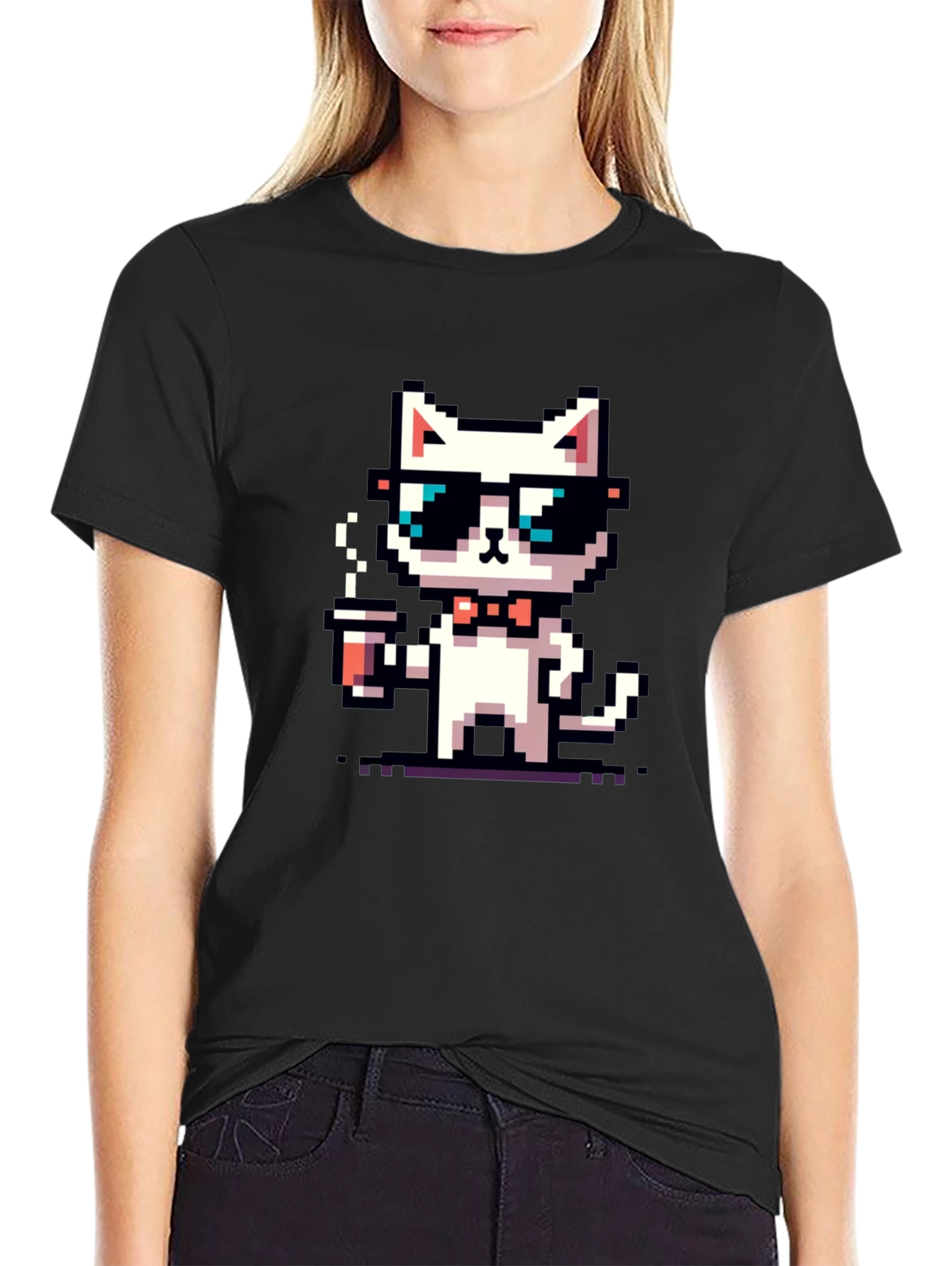 Cool Pixel Cat Coffee T-Shirt