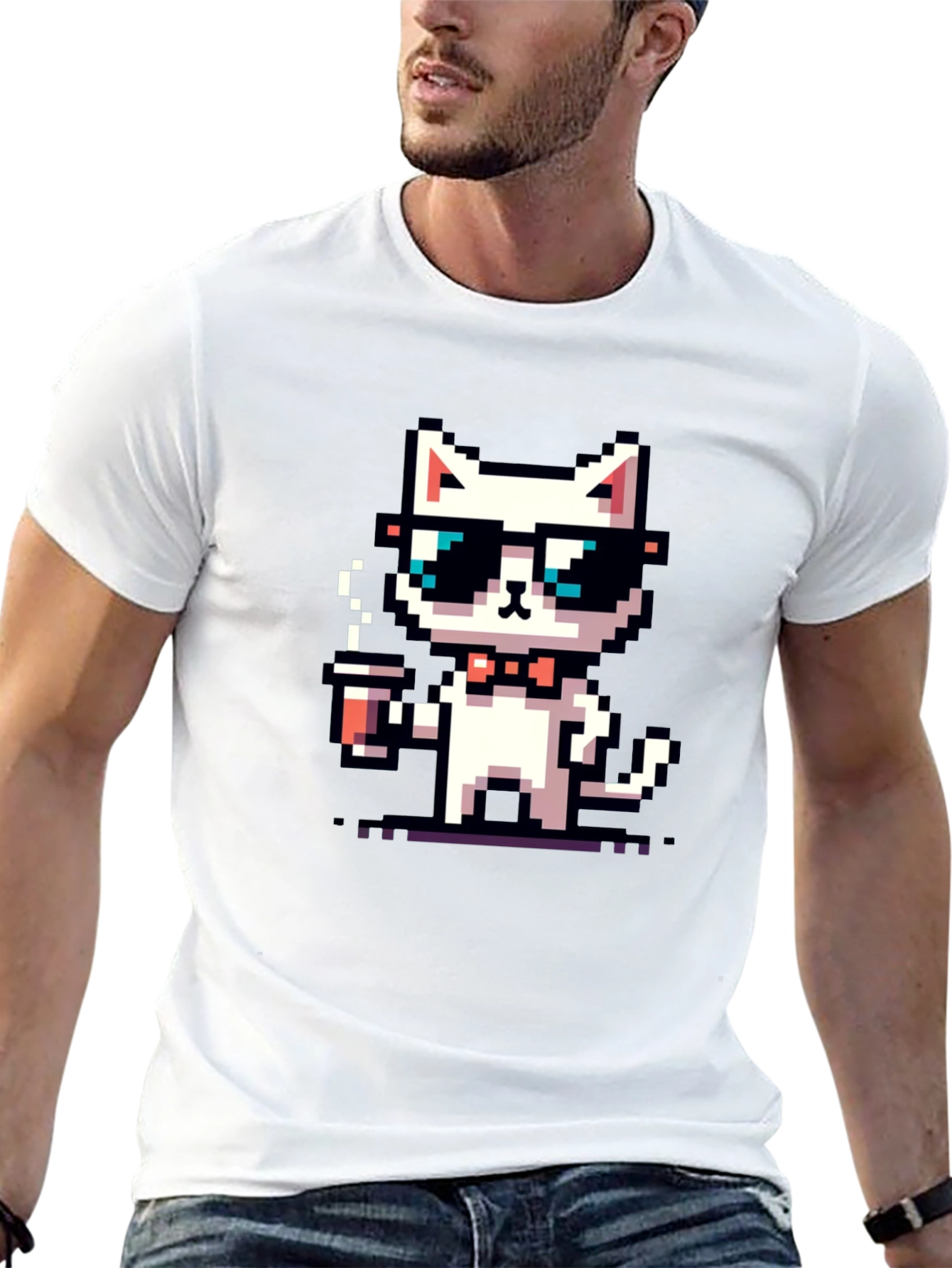 Cool Pixel Cat Coffee T-Shirt